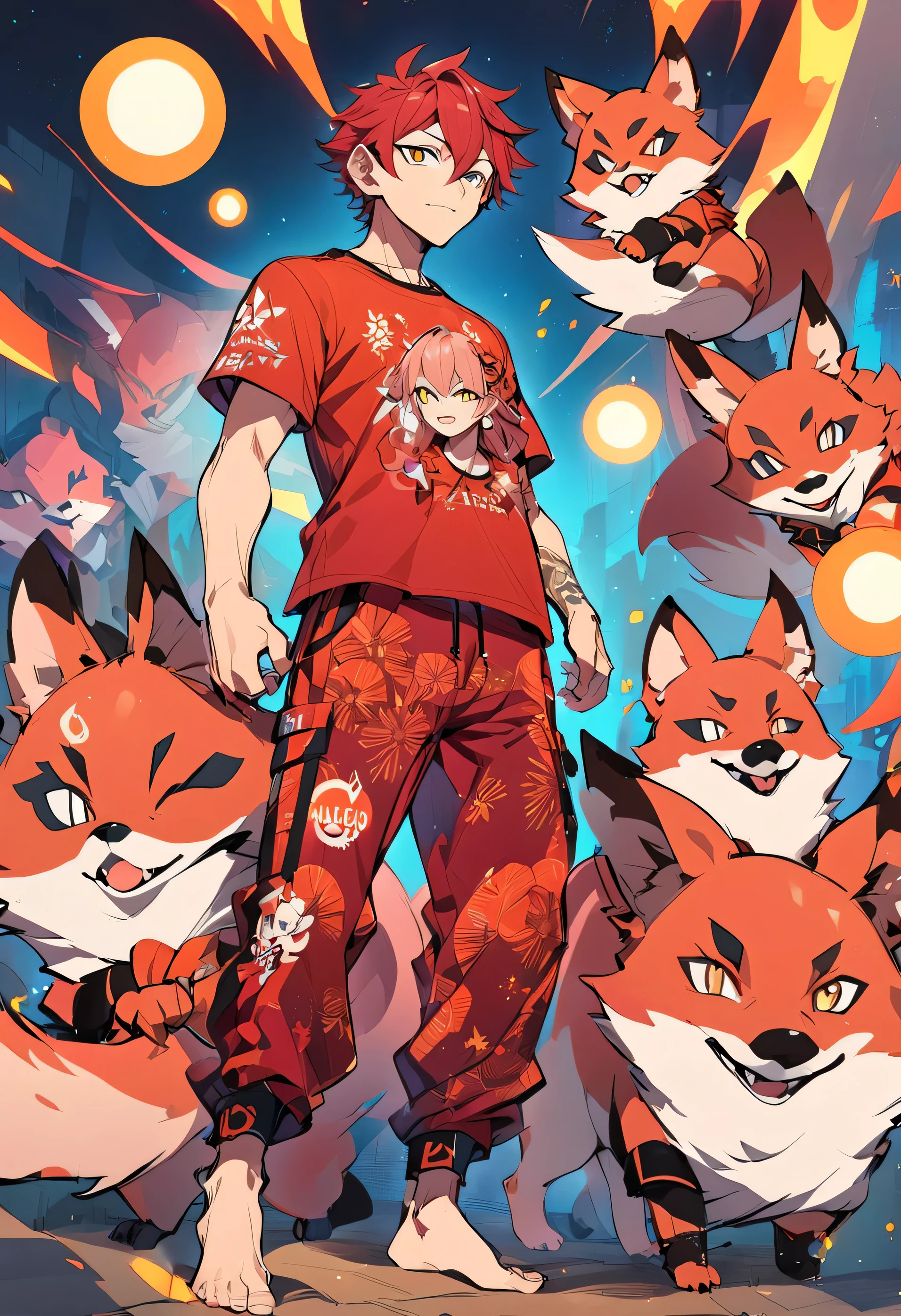 cartoon drawing of freefire character with red fox circles under his eyes flamengo team shirt red angelic pants and male barefoot