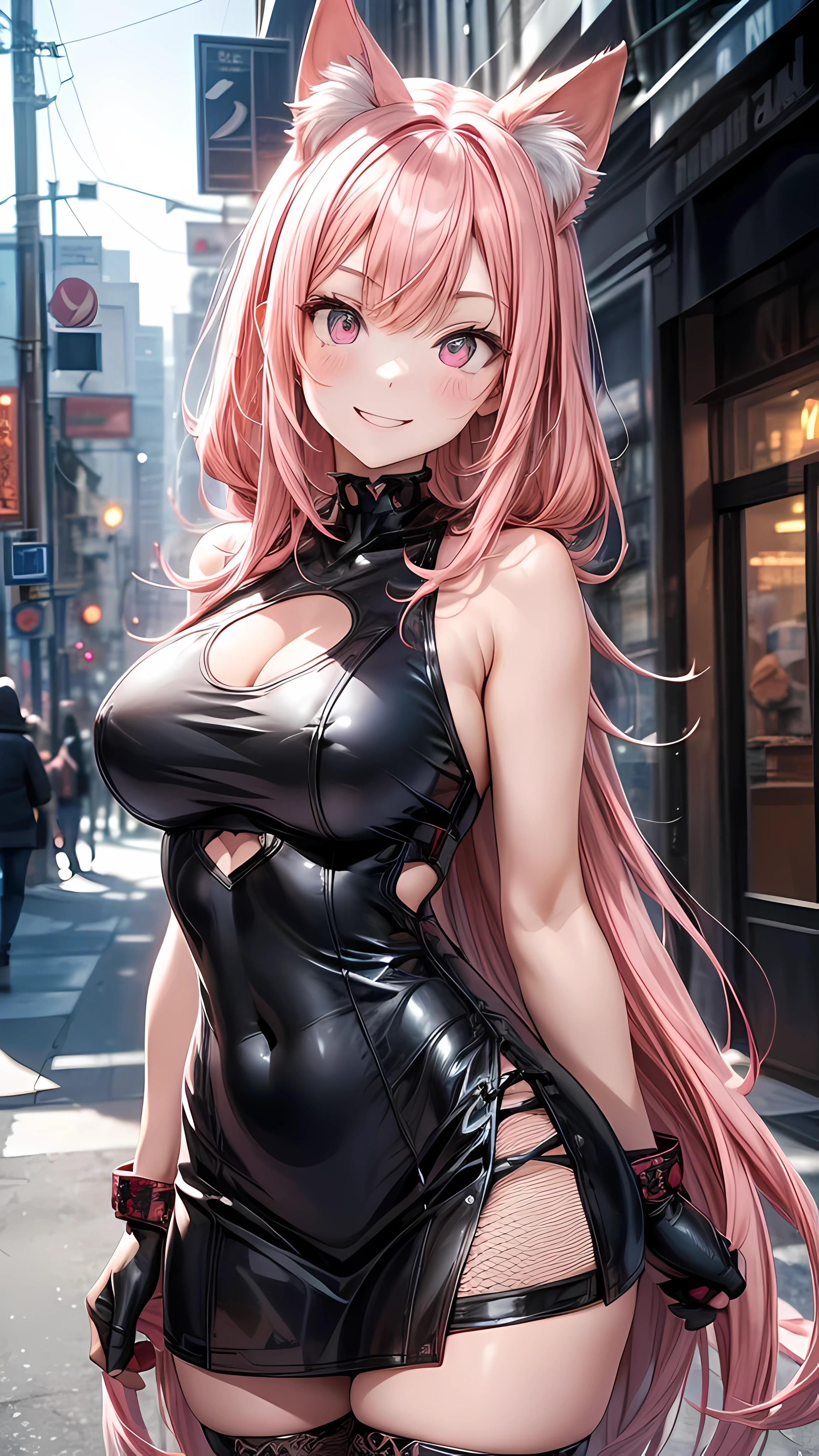 POV: Looking up at character, 1 female, cat girl, (((pale skin))), (((pink colored cat ears))), ((appearance: streaming red hair ribbons, radiant red colored eyes with cat shaped pupils,)), ((hair: long pink hair, straight hair, drills, side bangs, pink hair, pink cat ears)), ((body: , slender figure, large breasts, wide hips)), ((clothing: red dress, hear shaped cutout, black fishnets)), ((pose: arms folded, smiling, happy)), ((scene: busy metropolis)), high quality,best quality, 8k_wallpaper,extremely detailed eyes, (large masterpiece digital art), (detailed manga illustration), (detailed line art), ((perfect)) anatomy, best hands)), (intricate details:1.3), (ultra-detailed:1.3), (illustration:1.3), (sharp focus:1.3), (natural lighting:1.05), (vivid colors:1.3)