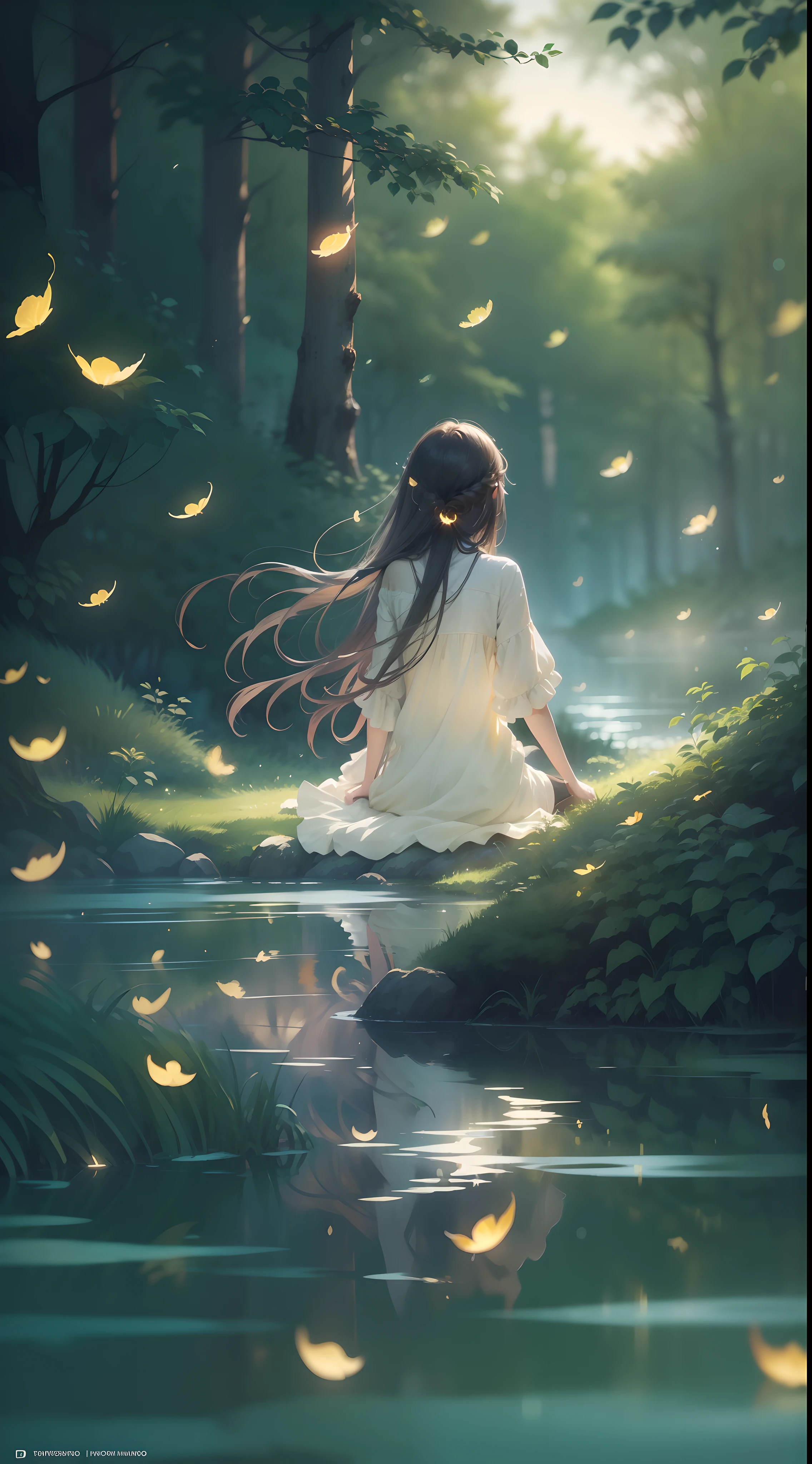 (4k wallpaper，The long-haired girl turned her back to her，it is surrounded by fireflies，Vision，In the forest),(glowing stream:1.2,Glowing fireflies:1.1),Xin Haicheng&#39;s style,Highlight processing,Vignetting,Shadow emphasis,A sense of tranquility,light night,watercolor style。