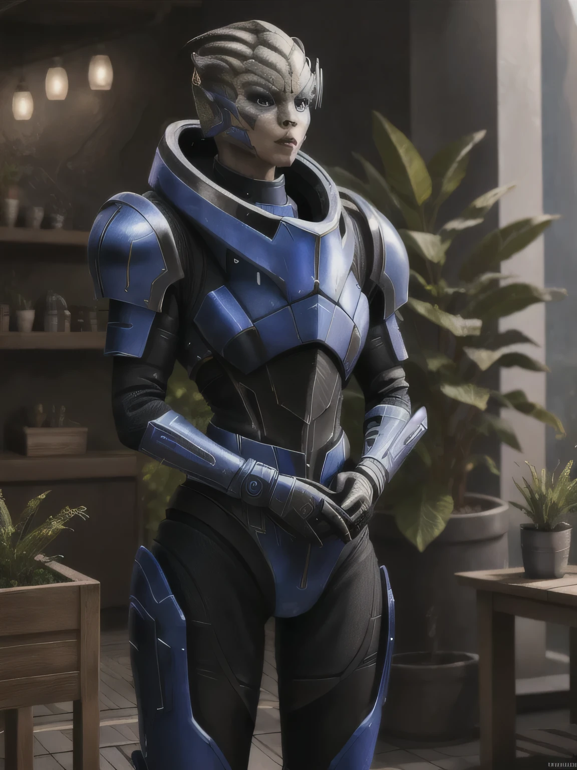 close up of masseffectgarrus alien face women standing in a atruim with plants behind it, realistic armor materials, shiny armor, dramatic lighting, wallpaper, intricate, sharp focus, ray tracing, rtx, professionally color graded, professional photography, masterpiece, ultra detailed, high quality, best quality, 4k, 8k, raw 