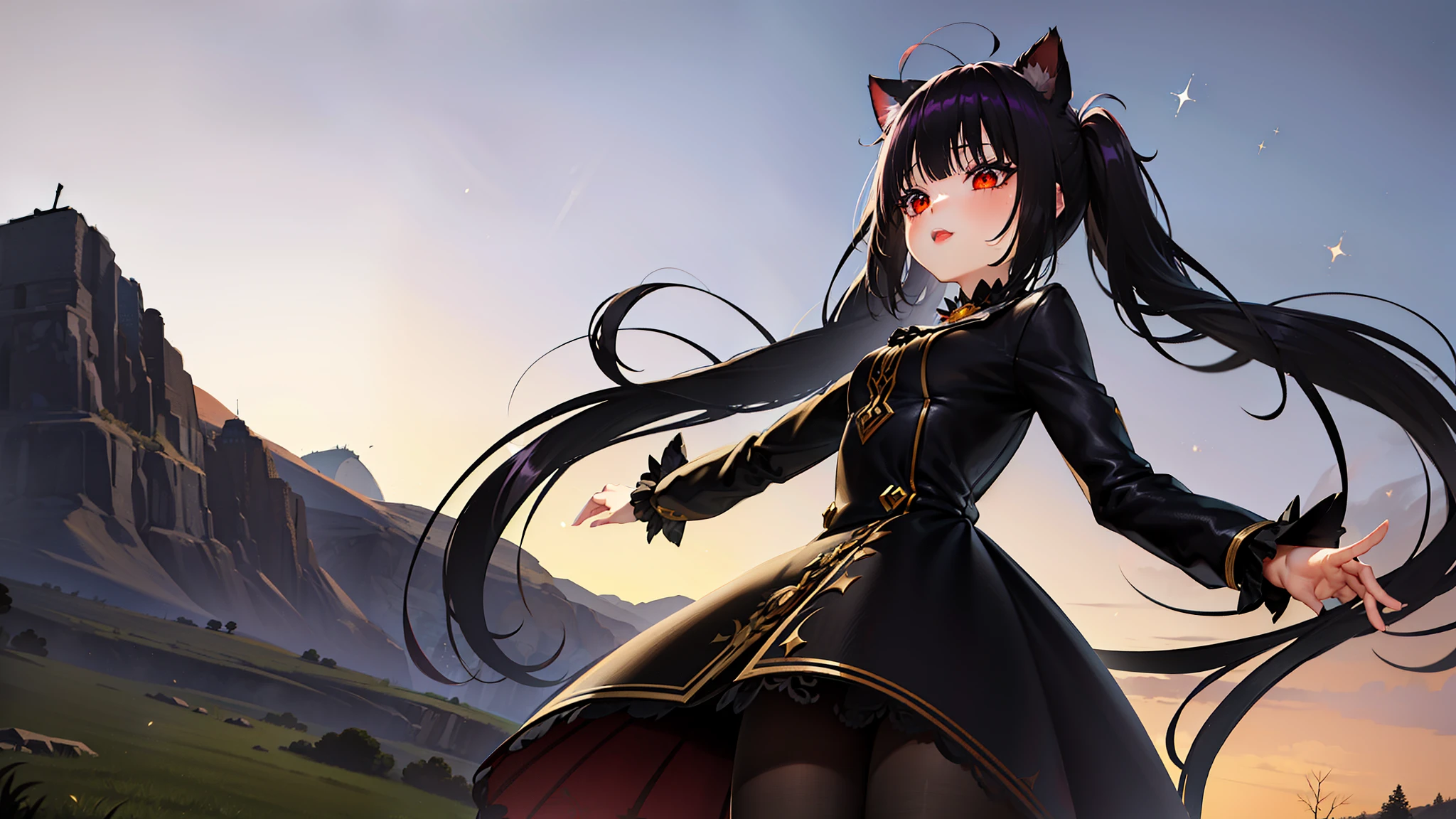 ((Ultra gran angular)),a girl standing in the flower field looking up, collar de gargantilla,,((long hair with pigtails and a black fringe with cat ears, beautiful red eyes)),sudadera con capucha suelta,capucha negra, absurd resolution, ver al espectador, enfoque en solitario, dynamic angle, nod , Ultra-fine, profundidad de campo, plano general, expansive landscape photography , (una vista desde abajo que muestra el cielo arriba y el campo abierto debajo), (Luna llena:1.2), ( estrellas fugaces:0.9), (nebulosa:1.3), distant mountain, tree BREAK production art, (warm light source:1.2), (Firefly:1.2), lamp, mucho morado y naranja, Detalles intrincados, BREAK volumetric lighting (obra maestra:1.2), (Mejor calidad), 4k, ultra detallado, (dynamic composition:1.4), muy detallado, vistoso details,( colores iridiscentes:1.2), (bright lighting, atmospheric lighting), dreamer, magical, (solo:1.2), destello de lente, (vistoso), cinematic light, high resolution, sharp focus, liso, vistoso light, particles, esquema de colores del arcoiris 