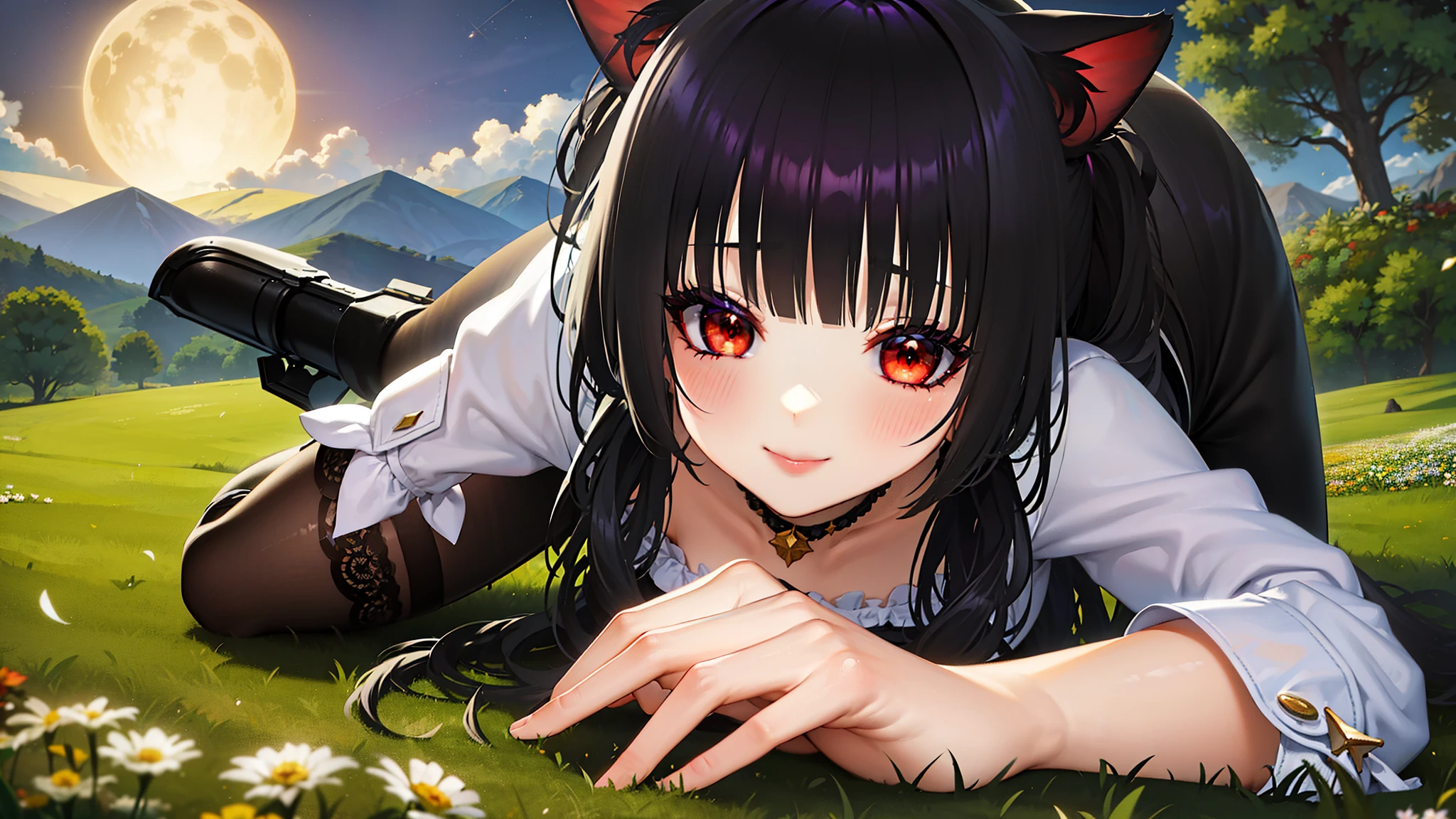 ((Ultra gran angular)),a girl standing in the flower field looking up, collar de gargantilla,,((long hair with pigtails and a black fringe with cat ears, beautiful red eyes)),sudadera con capucha suelta,capucha negra, absurd resolution, ver al espectador, enfoque en solitario, dynamic angle, nod , Ultra-fine, profundidad de campo, plano general, expansive landscape photography , (una vista desde abajo que muestra el cielo arriba y el campo abierto debajo), (Luna llena:1.2), ( estrellas fugaces:0.9), (nebulosa:1.3), distant mountain, tree BREAK production art, (warm light source:1.2), (Firefly:1.2), lamp, mucho morado y naranja, Detalles intrincados, BREAK volumetric lighting (obra maestra:1.2), (Mejor calidad), 4k, ultra detallado, (dynamic composition:1.4), muy detallado, vistoso details,( colores iridiscentes:1.2), (bright lighting, atmospheric lighting), dreamer, magical, (solo:1.2), destello de lente, (vistoso), cinematic light, high resolution, sharp focus, liso, vistoso light, particles, esquema de colores del arcoiris