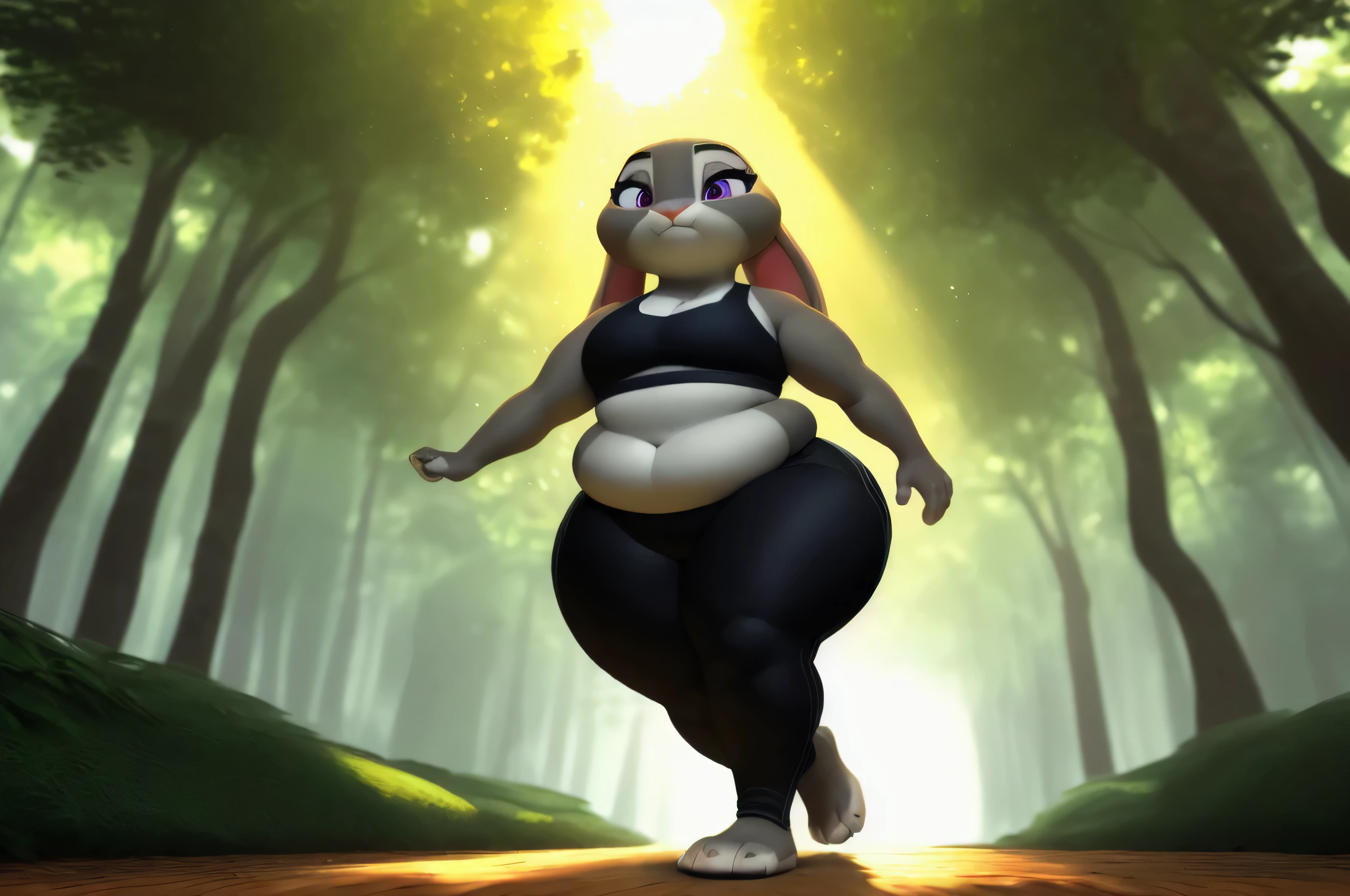 [Judy Hopps], [carregado para e621.liquid; (Pixelsketcher), (purple eyes), (wamudraws), (siroque)], ((obra de arte)), ((retrato solo)), ((1 garota)), ((corpo todo)), ((1 garotas)), ((Foto CRU)), ((peludo; antropo)), ((pele detalhada)), ((Ray tracing)), ((sombreamento detalhado)), ((bela arte 3D)), ((ambient lighting)), {antropo rabbit; (pelo cinza, nariz preto, 2 orelhas de coelho multicoloridas), lindos olhos roxos, cansado, (lavender sports bra, black yoga pants, pequeno , Lindas pernas), (beautiful feet; 4 dedos)}, ((Running on the sidewalk; suando) pose atraente), [fundo; (parque; (nascer do sol, sol brilhante, green trees, sun rays through trees], bbw, very fat, obese, big thighs, massive thighs, large waist, cute fat face, fat arms, big , very wide waist