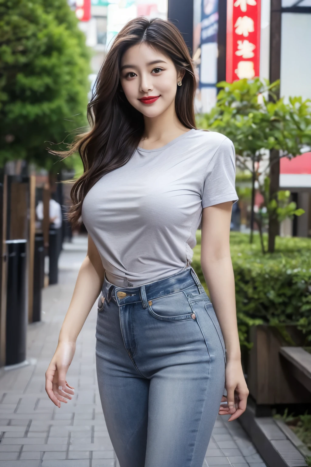 Draw lips correctly, red lipstick, from chest up, best quality, Super detailed, lifelike, Super fine skin, perfect anatomy, (1 日本Mature的女人), (alone),Wear a gray shirt,short sleeves,blue jeans,black belt,wavy long hair,37-year-old female,Mature,charming smile,outdoor background,stand,Leg length,Chubby,Big breasts,stand up,full-body shot
