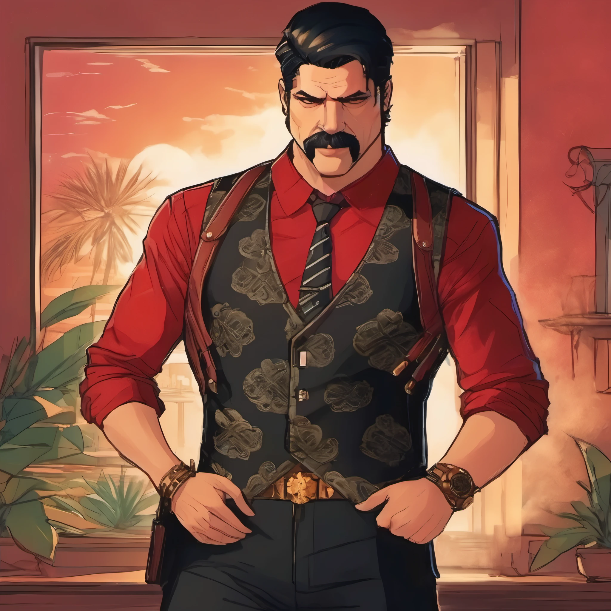 (obra maestra, Mejor calidad:1.2), 1 chico, solo, thenahualli, serious, dangerous man, elegant, elegante, black vest, red shirt, standing, vigilando, actitud vigilante, en casa de lujo en Bel-Air, casa de lujo moderna, de noche