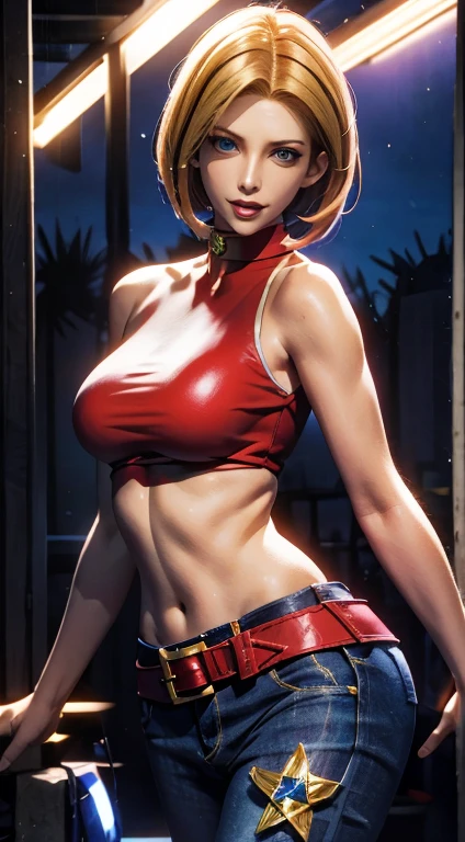 blue mary cosplay, 8K, hyperrelism, obra maestra, Mejor calidad, ultra detallado, high resolution, fondo aleatorio, 1 chica, (pechos grandes:1.5), cintura estrecha, Caderas anchas, rodillas, noche , cachonda desnuda, collar