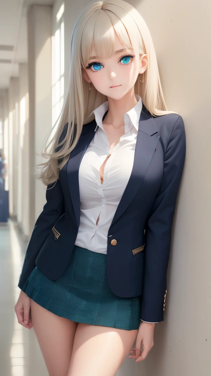 best quality, super fine, 16k, incredibly absurdres, extremely detailed, intelligent cool beauty, dull ivory hair, superlative body proportion, wearing navy blazer and mini skirt high school uniform, leaning against the wall in the school hallway, green eyes