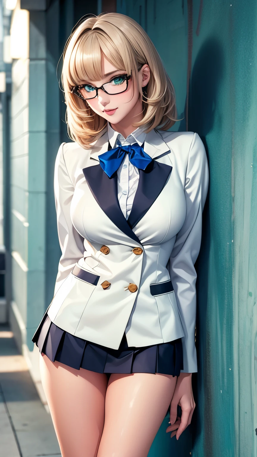 best quality, super fine, 16k, incredibly absurdres, extremely detailed, intelligent cool beauty, dull ivory hair, superlative body proportion, wearing navy blazer and mini skirt high school uniform, leaning against the wall in the school hallway, green eyes
