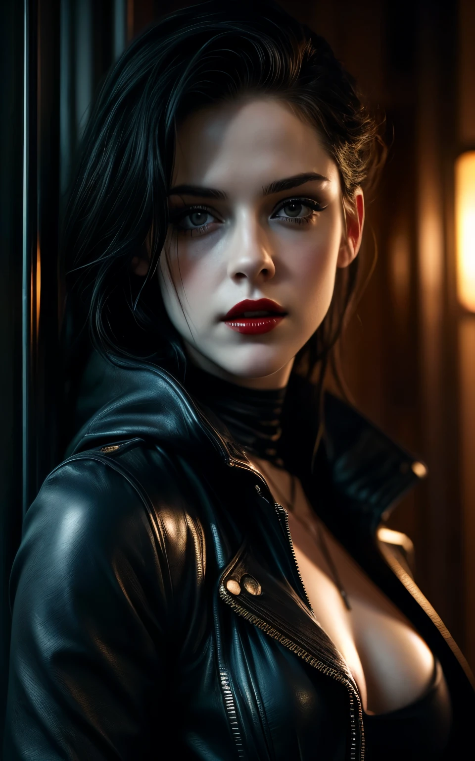 photo of Kristen Stewart, RAW, beautiful woman, ((Gothic portrait)), ((detailed face:1.2)), ((detailed facial feature, blood red lips, small breasts with cleavage, detailed skin, clear skin), (perfect proportioned body), (wearing a black open leather jacket) (high detailed city environment, apartment balcony), (realistic photo, best quality, detailed), (8k wallpaper), (cinematic lighting, dramatic lighting) (sharp focus, intricate), nipples, visible breasts 