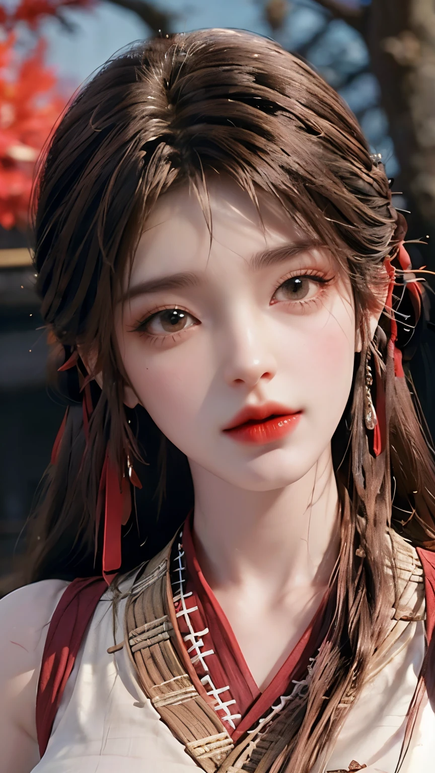 （超HD、retina、masterpiece、precise、anatomically correct、textured skin、Super details、high detail、high quality、best quality、high resolution、1080P、HD、4K、8k、16k）、（beautiful_detailed_eyes、beautiful_detailed_lips、extreme_detailed_eyes_and_face）、soft_lighting、physical-based_rendering、vivid_colors、 (large_breasts:1.5)、(shiny_hair、shiny_skin、tanned_skin、blush)、(bangs:1.5)、eye_reflection、(bokeh)、smile_and_laugh、(sleeveless_business_shirt:1.5)、start from below，black hair，brown eyes，Red head rope