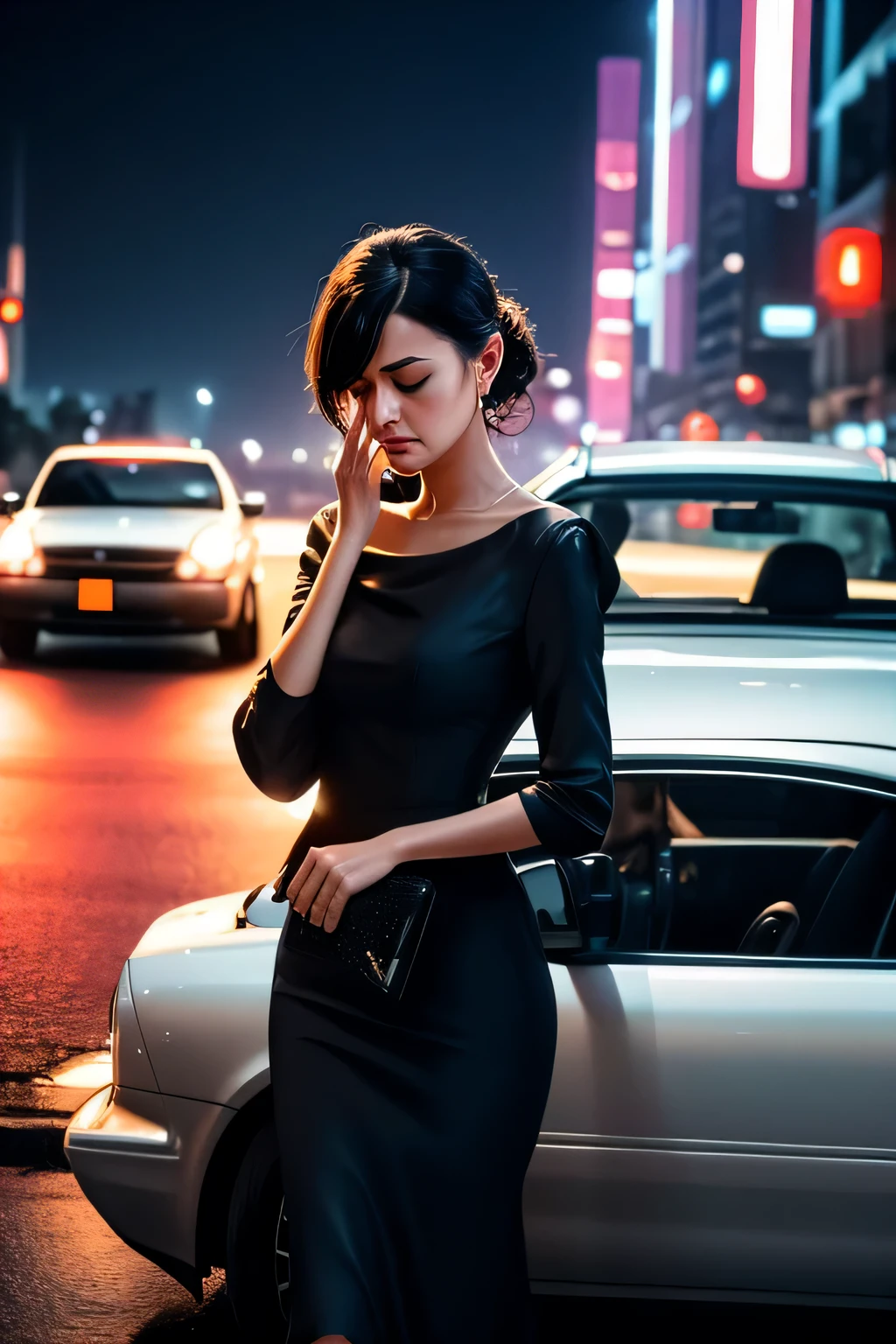 A poignant and emotional scene where a woman, dressed in a sophisticated dress with a clutch, is left standing outside a sleek black luxury car. As the car drives away, leaving her behind, her face is etched with heart-wrenching tears and sorrow. A solitary tear rolls down her cheek, while the car's tail lights fade into the distance. The background is a blur of city lights and buildings, creating a sense of isolation and despair.