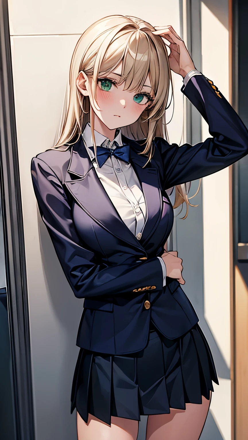 best quality, super fine, 16k, incredibly absurdres, extremely detailed, intelligent cool beauty, dull ivory hair, superlative body proportion, wearing navy blazer and mini skirt high school uniform, leaning against the wall in the school hallway, green eyes