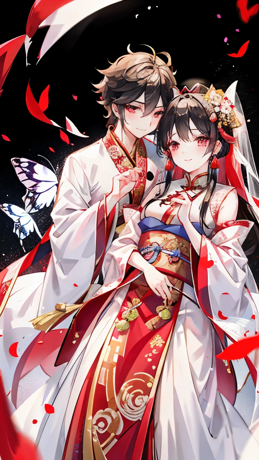 Chinese male,traditional chinese wedding costumes,Chinese style,Fantastic atmosphere like a myth,A butterfly that shines like a crystal,suspicious smile,wearing a red veil