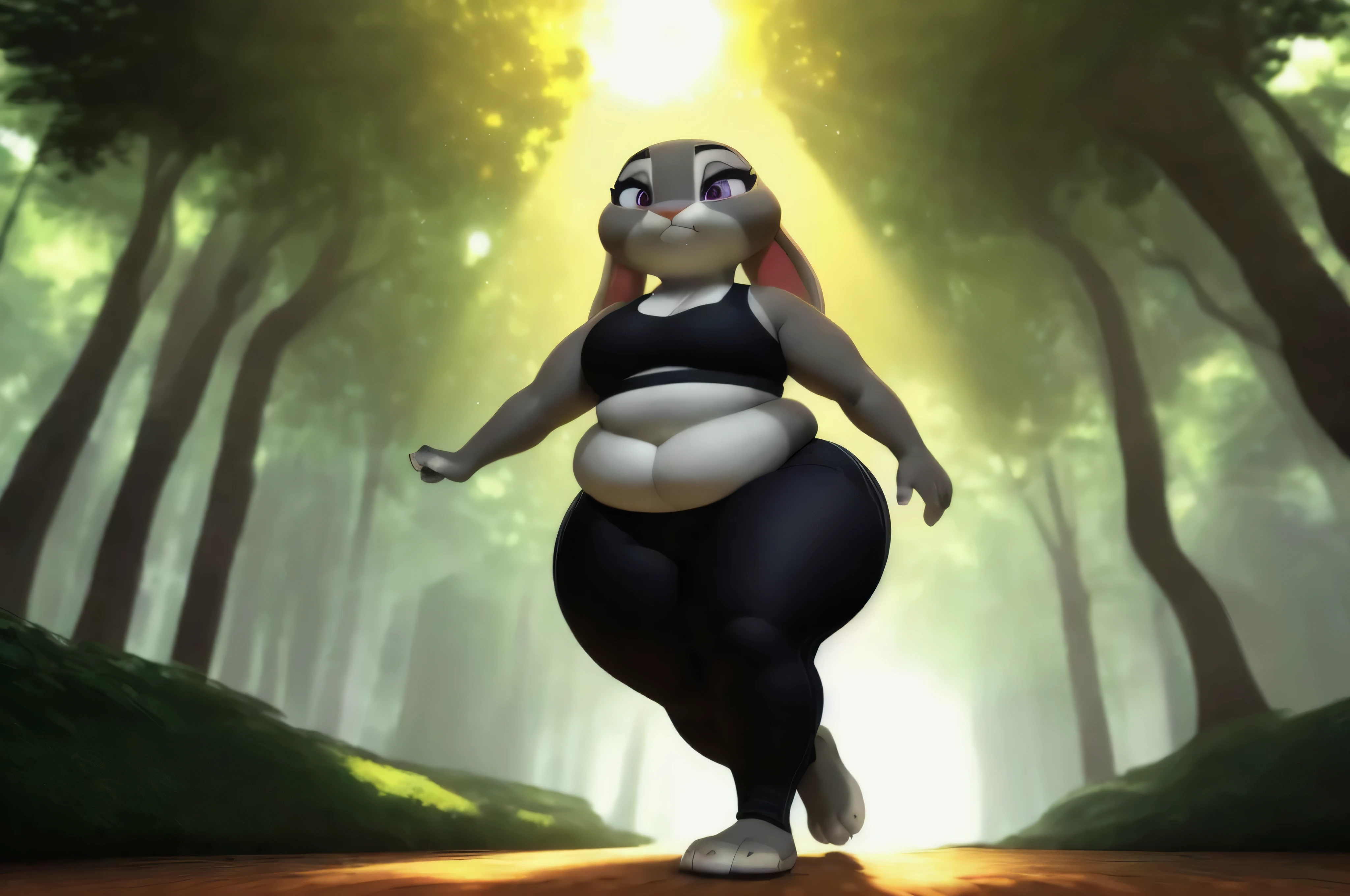 [Judy Hopps], [carregado para e621.liquid; (Pixelsketcher), (purple eyes), (wamudraws), (siroque)], ((obra de arte)), ((retrato solo)), ((1 garota)), ((corpo todo)), ((1 garotas)), ((Foto CRU)), ((peludo; antropo)), ((pele detalhada)), ((Ray tracing)), ((sombreamento detalhado)), ((bela arte 3D)), ((ambient lighting)), {antropo rabbit; (pelo cinza, nariz preto, 2 orelhas de coelho multicoloridas), lindos olhos roxos, cansado, (lavender sports bra, black yoga pants, pequeno , Lindas pernas), (beautiful feet; 4 dedos)}, ((Running on the sidewalk; suando) pose atraente), [fundo; (parque; (nascer do sol, sol brilhante, green trees, sun rays through trees], bbw, very fat, obese, big thighs, massive thighs, large waist, cute fat face, fat arms, big , very wide waist