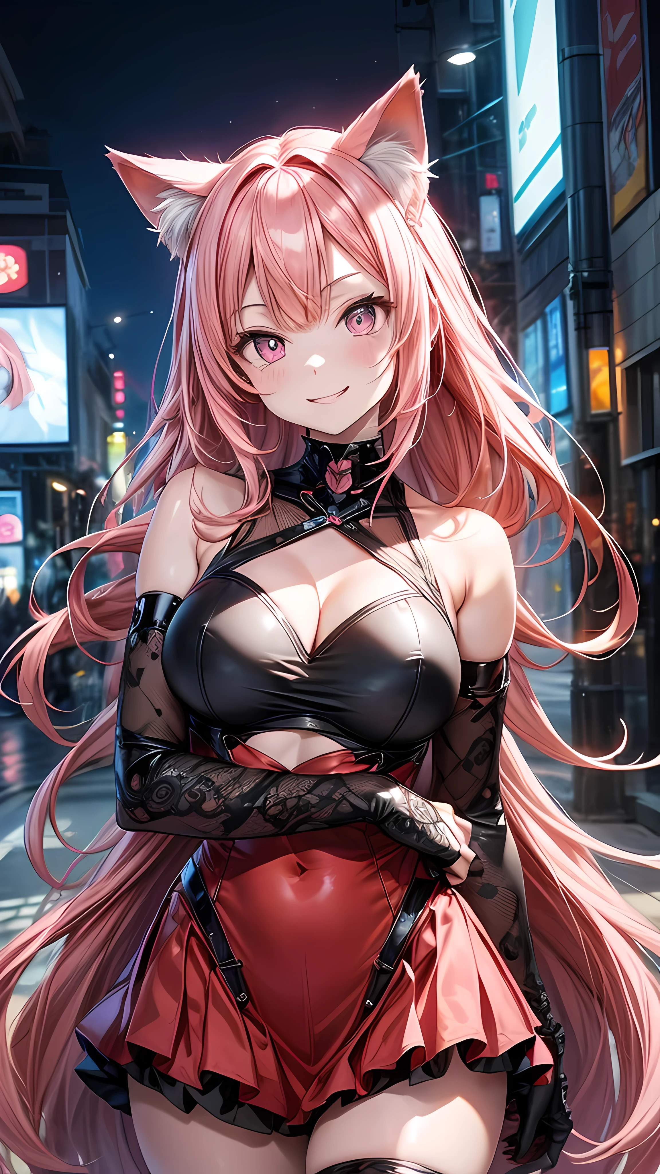 POV: Looking up at character, 1 female, cat girl, (((pale skin))), (((pink colored cat ears))), ((appearance: streaming red hair ribbons, radiant red colored eyes with cat shaped pupils,)), ((hair: long pink hair, straight hair, drills, side bangs, pink hair, pink cat ears)), ((body: , slender figure, large breasts, wide hips)), ((clothing: red dress, hear shaped cutout, black fishnets)), ((pose: arms folded, smiling, happy)), ((scene: busy metropolis)), high quality,best quality, 8k_wallpaper,extremely detailed eyes, (large masterpiece digital art), (detailed manga illustration), (detailed line art), ((perfect)) anatomy, best hands)), (intricate details:1.3), (ultra-detailed:1.3), (illustration:1.3), (sharp focus:1.3), (natural lighting:1.05), (vivid colors:1.3)