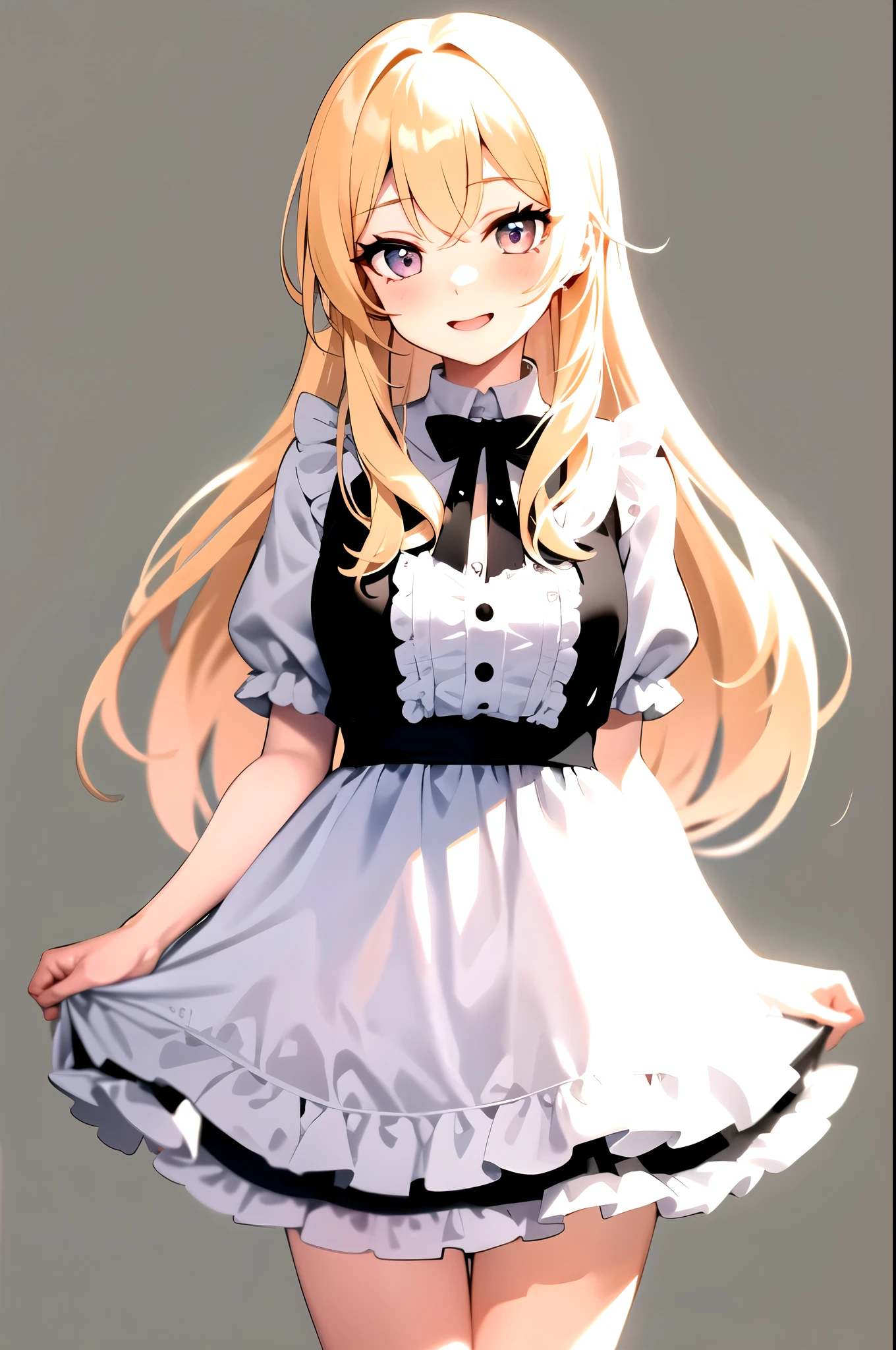 open your mouth and laugh , blush ,Cafe , blonde , long hair , looking at the viewer, cowboy shot, Are standing, 1 girl, upright , Black and white clothes, frills , No pose , (simple background) , take no pose ,blue eyes, long eyelashes , beautiful eyelashes , highlight