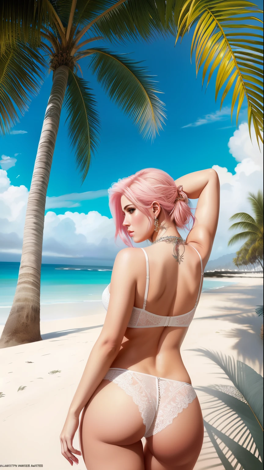 photo of the world's most beautiful artwork featuring a white woman, modern punk pink hair, sensual lingerie transparent white garter holder, leaning against a palm tree on a California beach, trending on ArtStation, CGSociety, Intricate, High Detail, Sharp, Dramatic, Photorealistic Painting Art by Greg Rutkowski