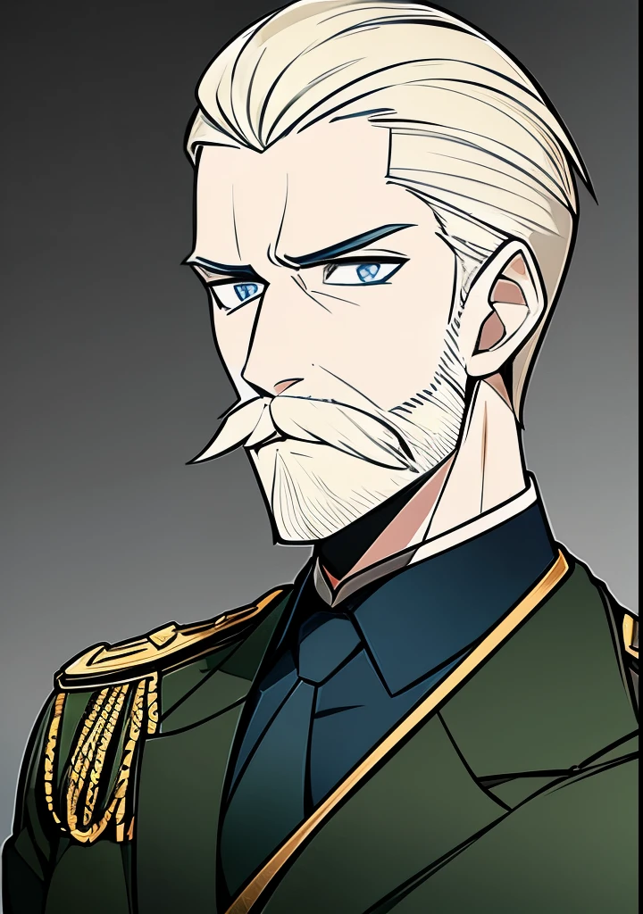 Young Adult male, white and tender skin, pale blonde slicked back combed short hair, kaisermustache, ducktail beard, steel blue eyes, green and slightly mature, serious and emotionless facial expression,wearing world war 2 era german fatigues, portrait style, facing forwards