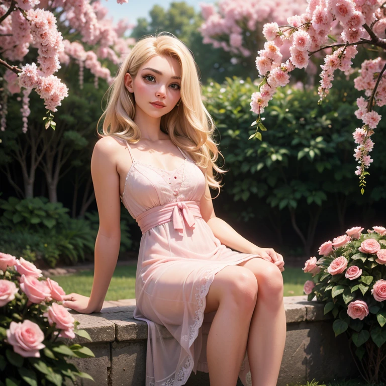 8k, RAW photo, Fujifilm, style photo of a beautiful young woman as avril in a garden of light pink roses (highly detailed skin: 1.2) Style-Petal BREAK short hair, blonde hair with colored locks, wearing a sheer sundress, film granulation, 35mm, cute style