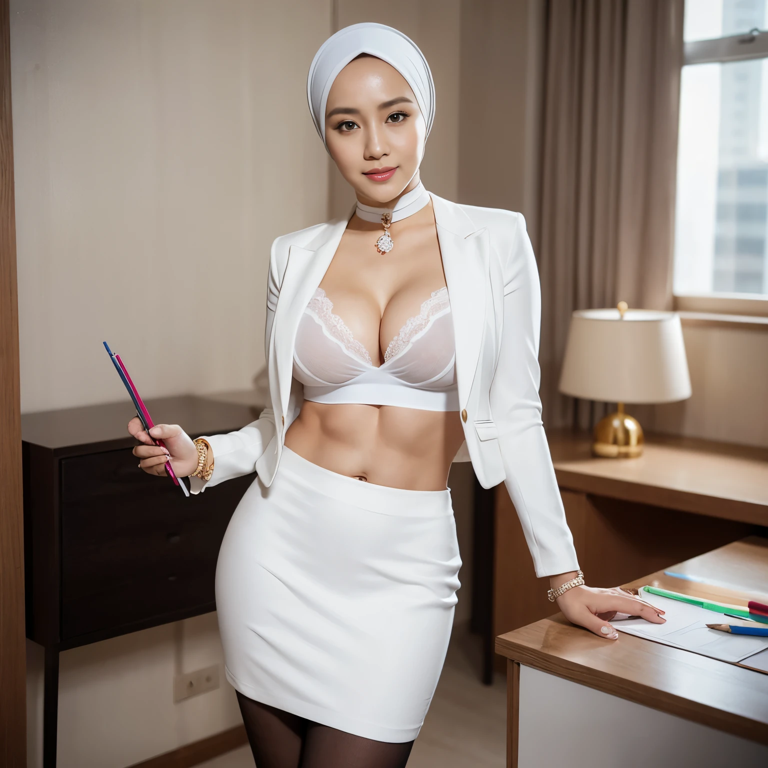36 Years old, Indonesian Beauty MILF, wearing Wide Hijab, perfect Curvy body, White Skin like porcelain, Blazer, ((Mini Pencil Skirt)), Tight Pantyhose, ((natural breast)), Standing, ((Busty Body)), gorgeous eyes, Soft smile, Diamond Bracelet, ((Choker Neck)), ((Perfect Abs Body)), at Manager Office Room, Excellent Soft light, Lewd Expression.
