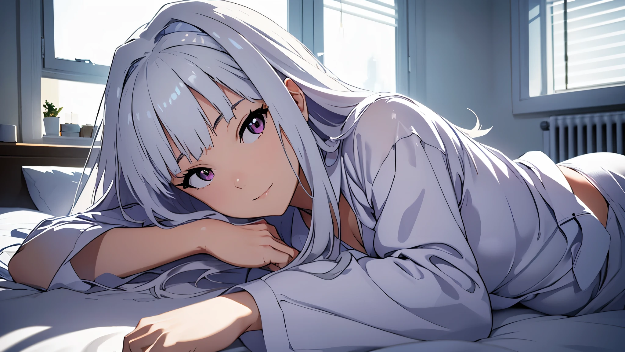 CG, unity, 8k, wallpaper, highest quality, masterpiece, Beautiful woman, long white hair, white skin, BREAK, pajamas, best lighting, complex pupils, complex textile, realistic skin texture, A clean room based on white, lie down on the bed, There's a window behind her and it's open, blue sky beyond the window, refreshing morning, focus on face