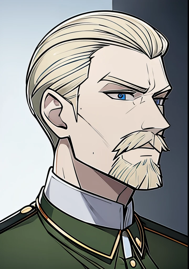 Young Adult male, white and tender skin, pale blonde slicked back combed short hair, kaisermustache, ducktail beard, steel blue eyes, green and slightly mature, serious and emotionless facial expression,wearing world war 2 era german fatigues, portrait style, facing forwards