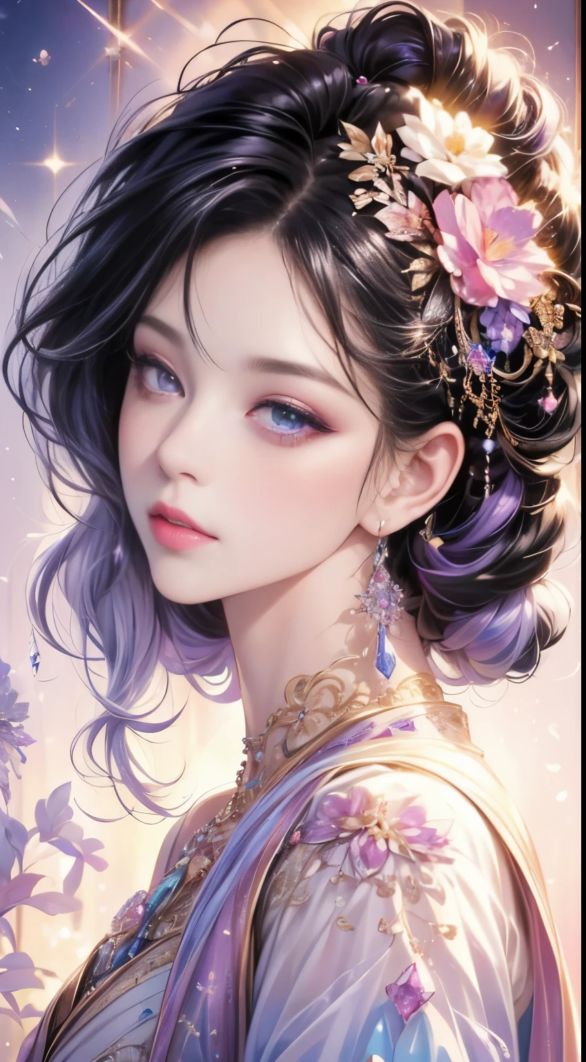 (best quality, high resolution, masterpiece:1.2), beautiful noble girl dynamic half-length portrait, elegant black hair elegantly coiled up, clear purple eyes, exquisite floral arrangement on the hair, crystalline jewelry strands, ultra-detailed, upgraded.