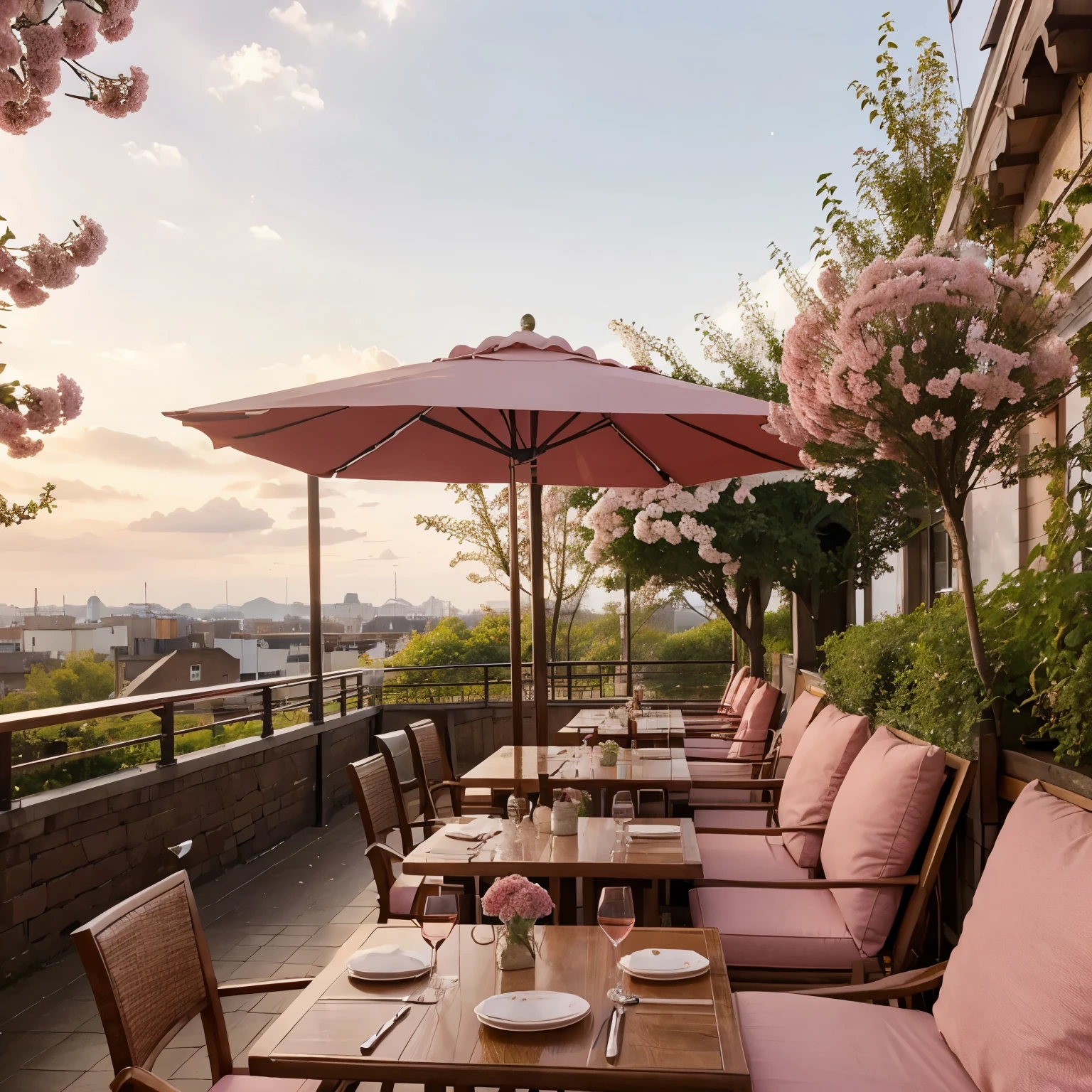 Terrace, restaurant, long courtains, pink, cherry blosom