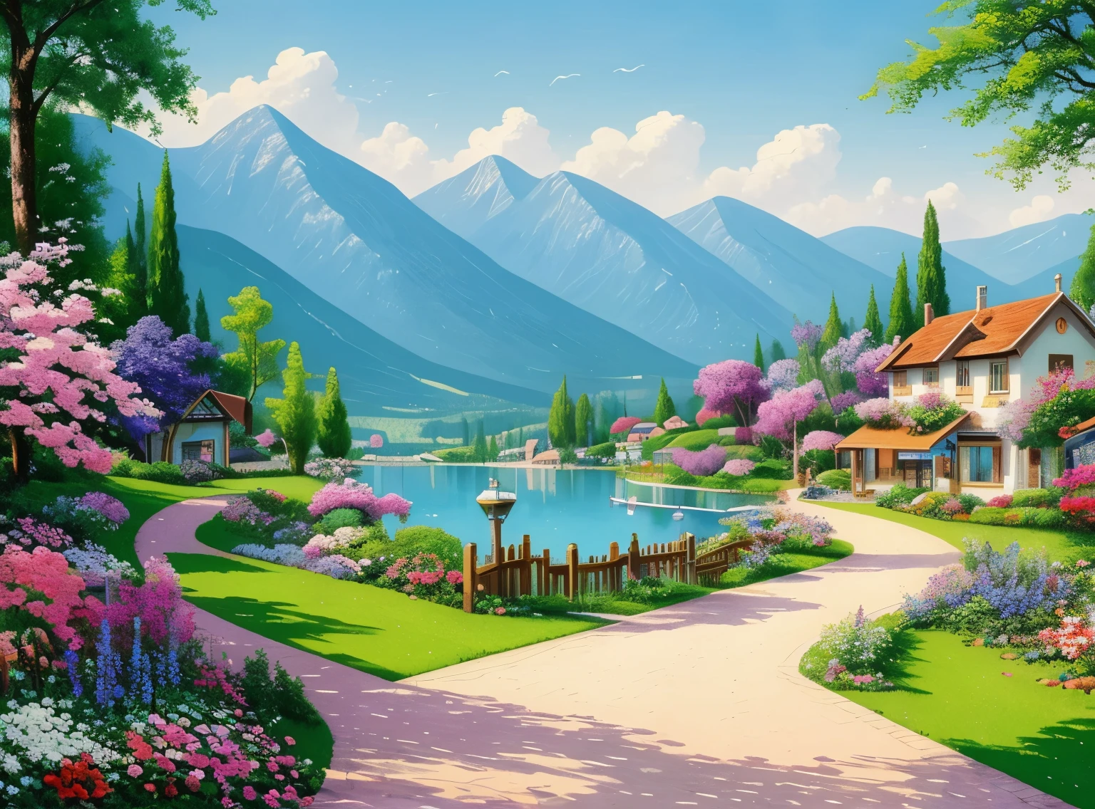 villa painting, flowers next to the fence, fence along the road, Mountain landscape with lake and boats, Birds flying in the blue sky, illustration matte paint, Inspired by Thomas Kinkade, symmetrical matte paint, detailed scenery , a raw style, 8K ultra-detailed