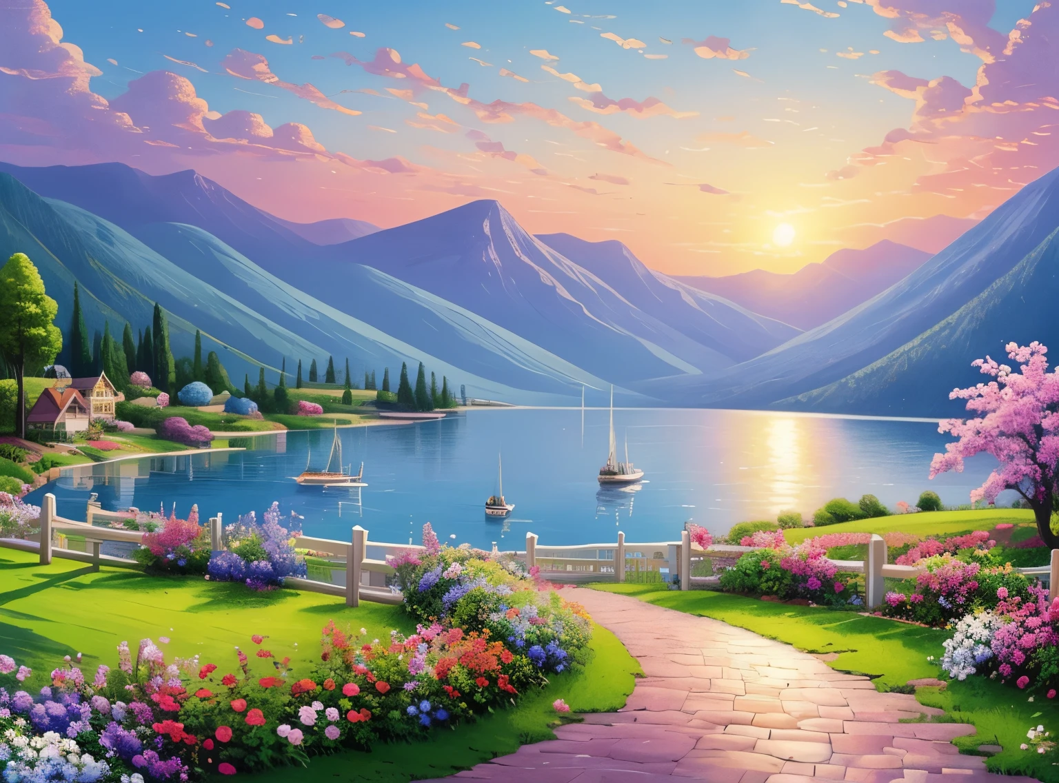 villa painting, flowers next to the fence, fence along the road,  Mountain landscape with lake and boats, Birds flying in the blue sky, illustration matte paint,  Inspired by Thomas Kinkade, symmetrical matte paint, detailed scenery , a raw style, 8K ultra-detailed