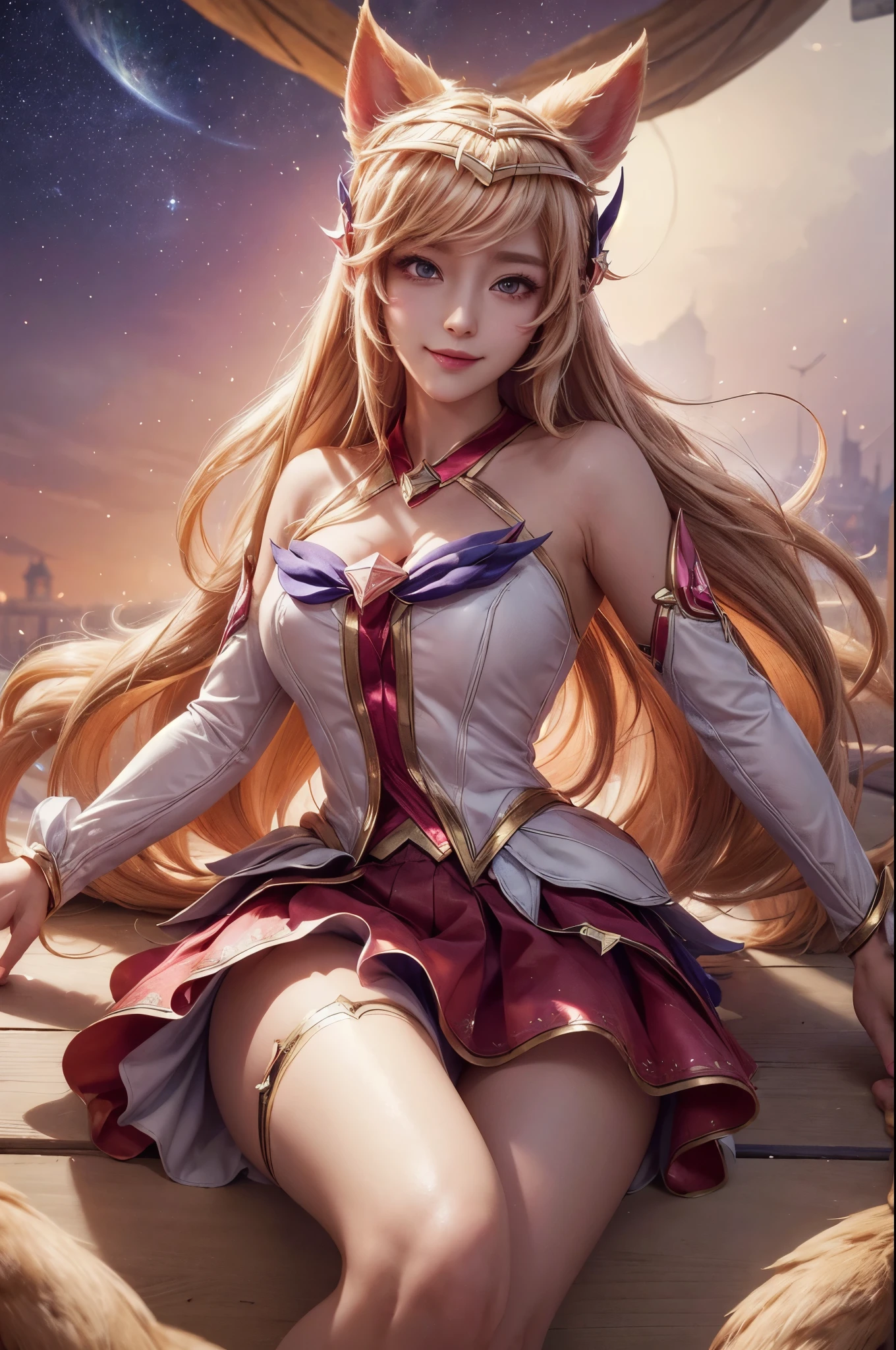 (masterpiece, best quality:1.2), intricate details,  star guardian ahri, 1girl, animal ears, hair ornament, detached sleeves, bare shoulders, skirt, magical girl, multiple tails, blonde hair, light smile