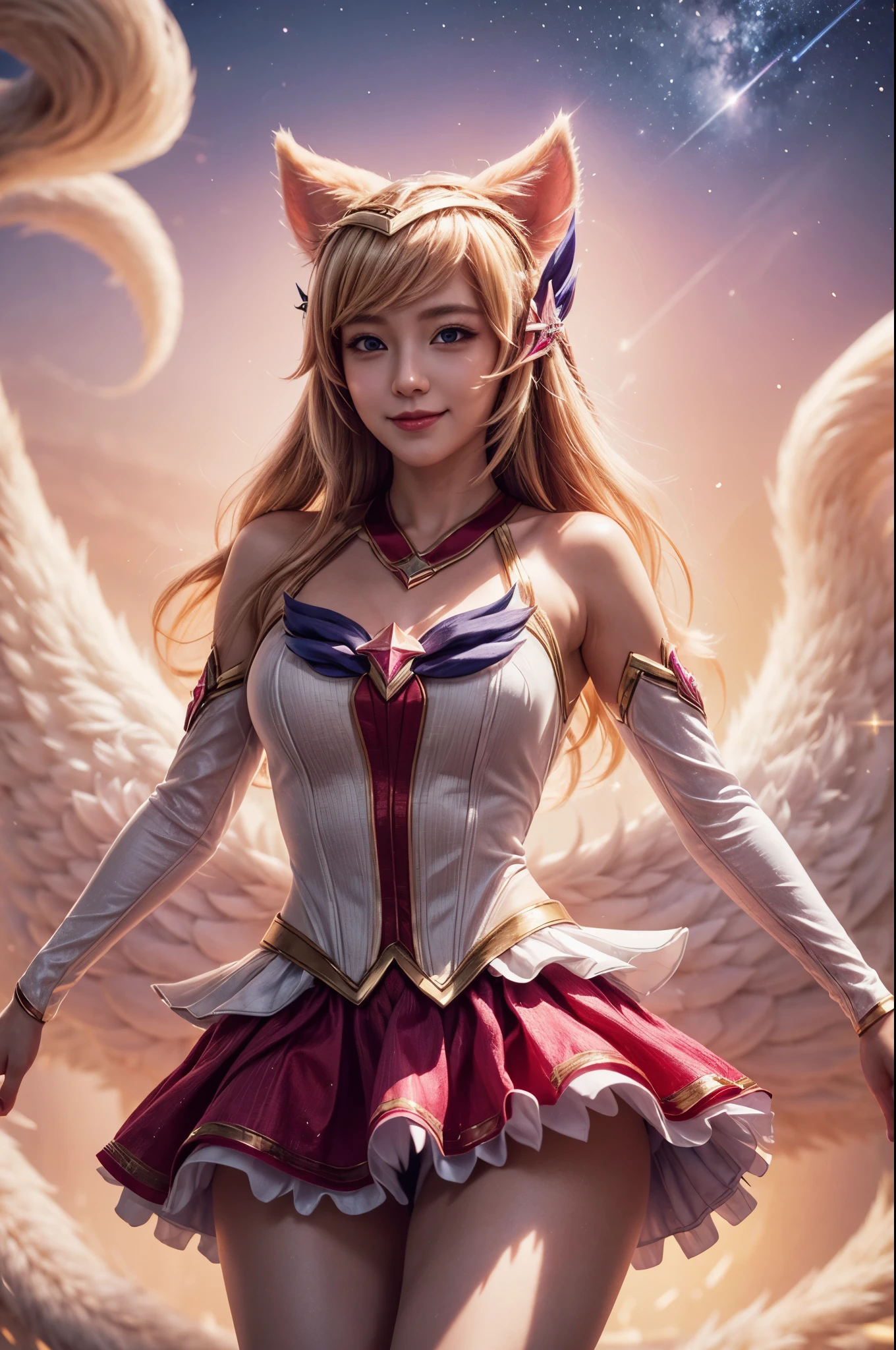 (masterpiece, best quality:1.2), intricate details,  star guardian ahri, 1girl, animal ears, hair ornament, detached sleeves, bare shoulders, skirt, magical girl, multiple tails, blonde hair, light smile