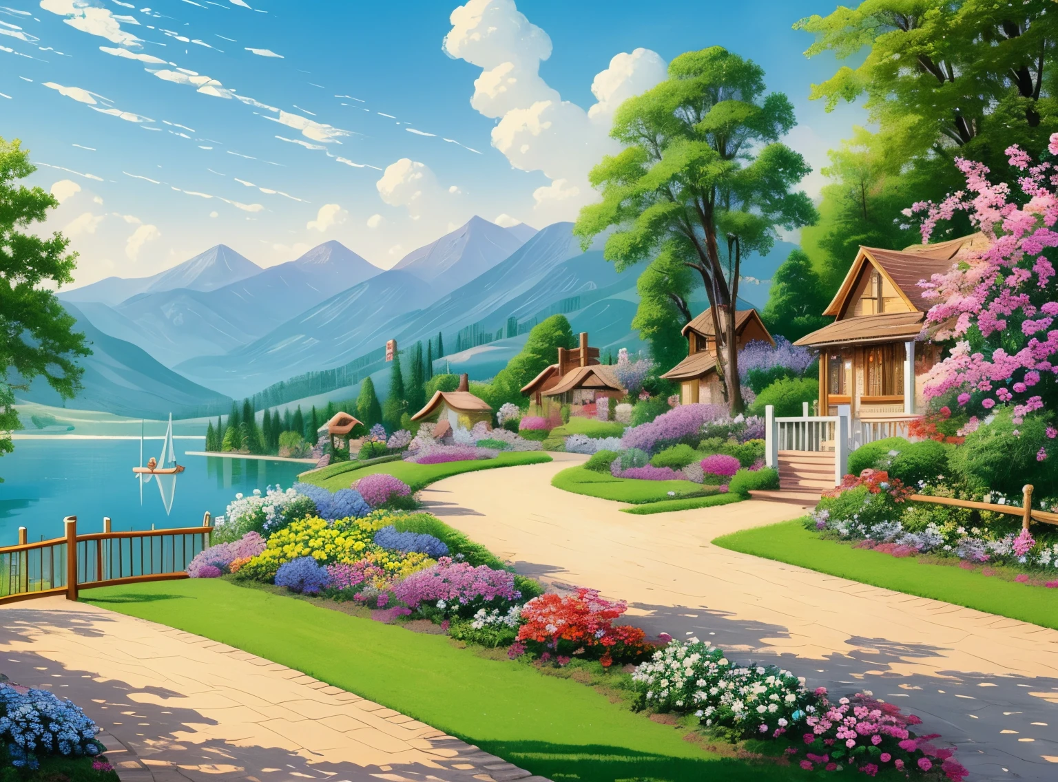 villa painting, flowers next to the fence, fence along the road,  Mountain landscape with lake and boats, Birds flying in the blue sky, illustration matte paint,  Inspired by Thomas Kinkade, symmetrical matte paint, detailed scenery , a raw style, 8K ultra-detailed