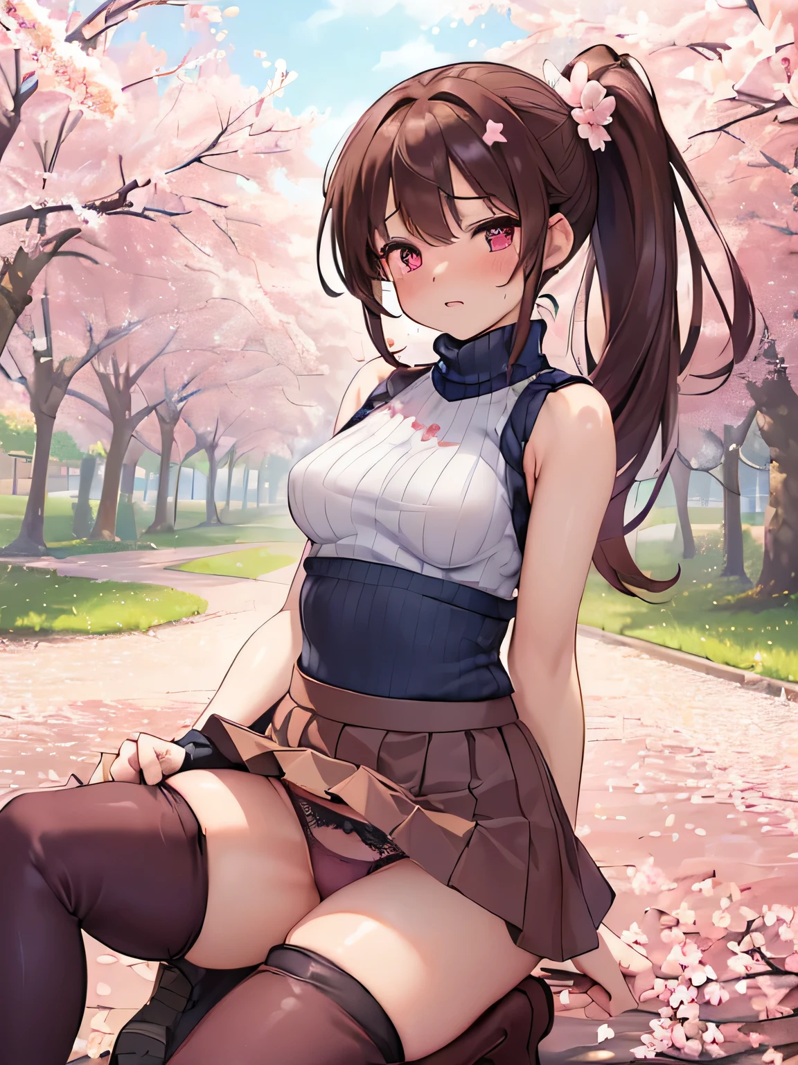 (Masterpiece, top quality, high resolution, realistic photo, realistic looking skin:1.1),
(Woman walking in park lined with cherry blossom trees:1.2),
(Skirt billowing in the wind: 1.8),
(hand holding down her skirt: 1.8),
(Fully exposed panties: 1.8),
(blushing and embarrassed expression as her skirt flips up:1.5),
(She is wearing a burgundy sleeveless turtleneck:1.8),
(She is wearing a navy flared mini-skirt:1.8),
(She is wearing brown middle boots: 1.8),
(I do not wear knee-high stockings because it is too hot: 2.0),
(I do not wear knee-high socks because it is too hot. 2.0), (I do not wear knee-high socks because it is too hot. 2.0),
(Panties are cold and loudly colored: 1.5),
(Brown hair in a middle ponytail:1.5),
(Small face:1.5),
(D-cup breasts: 1.5),
(Location: a park lined with cherry blossom trees where the wind blows: 1.5),
1 Japanese girl, solo, full bodied esbian, beautiful eyes, glowing eyes, glowing thighs, NSFW