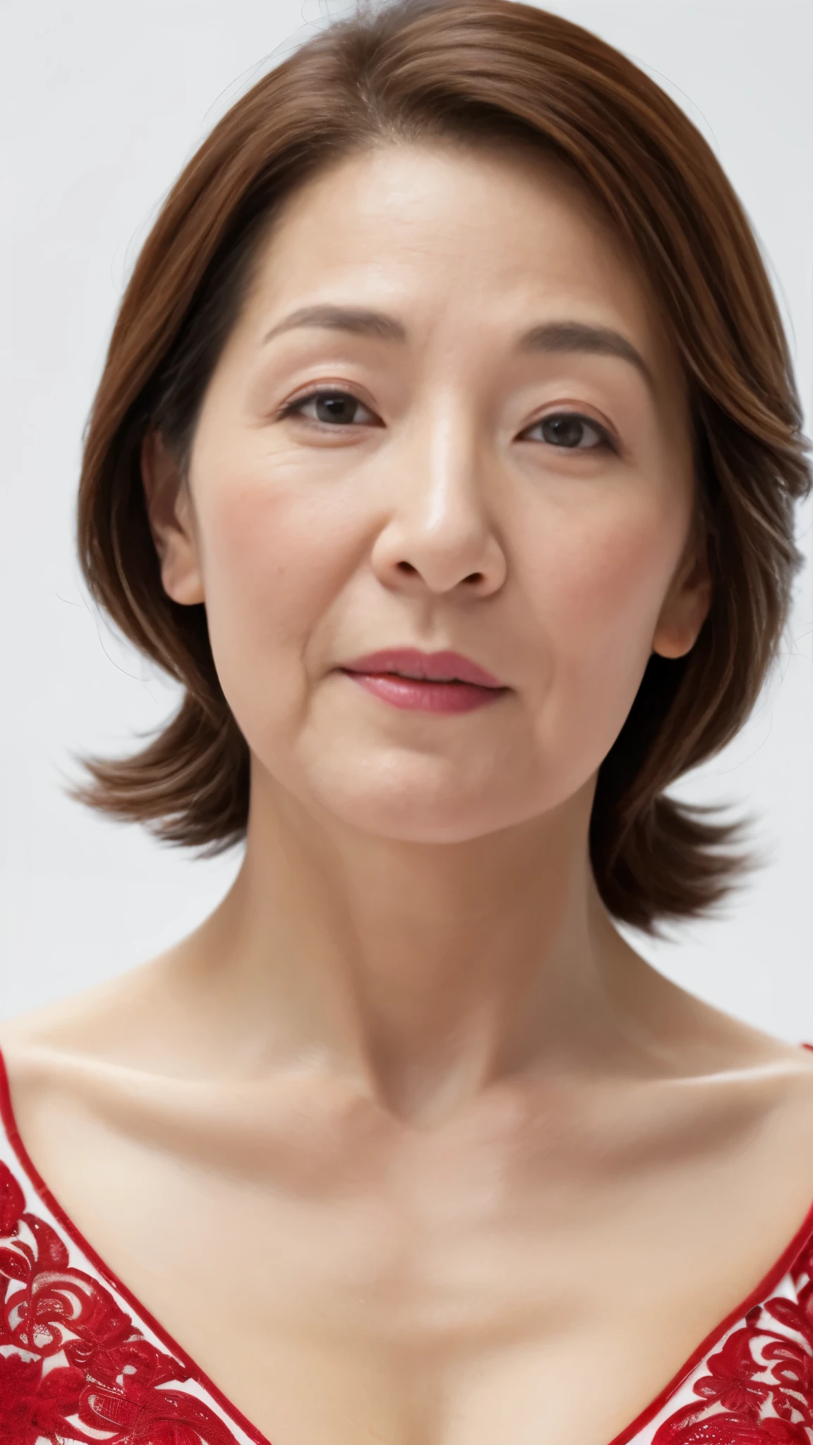 (((alone))), elderly mature woman, pure white background, gravure, facing the front, ((center your face on the screen)), describe the lips correctly,red lips, flashy makeup, from the chest up, table top, highest quality, Super detailed, realistic, Super detailed細なスキン, perfect anatomy, (1 Japanese mature woman), (positive), 100 years old, huge breasts, mature political scientist, Glamour, Sexy, pure white skin, looking at the viewer,