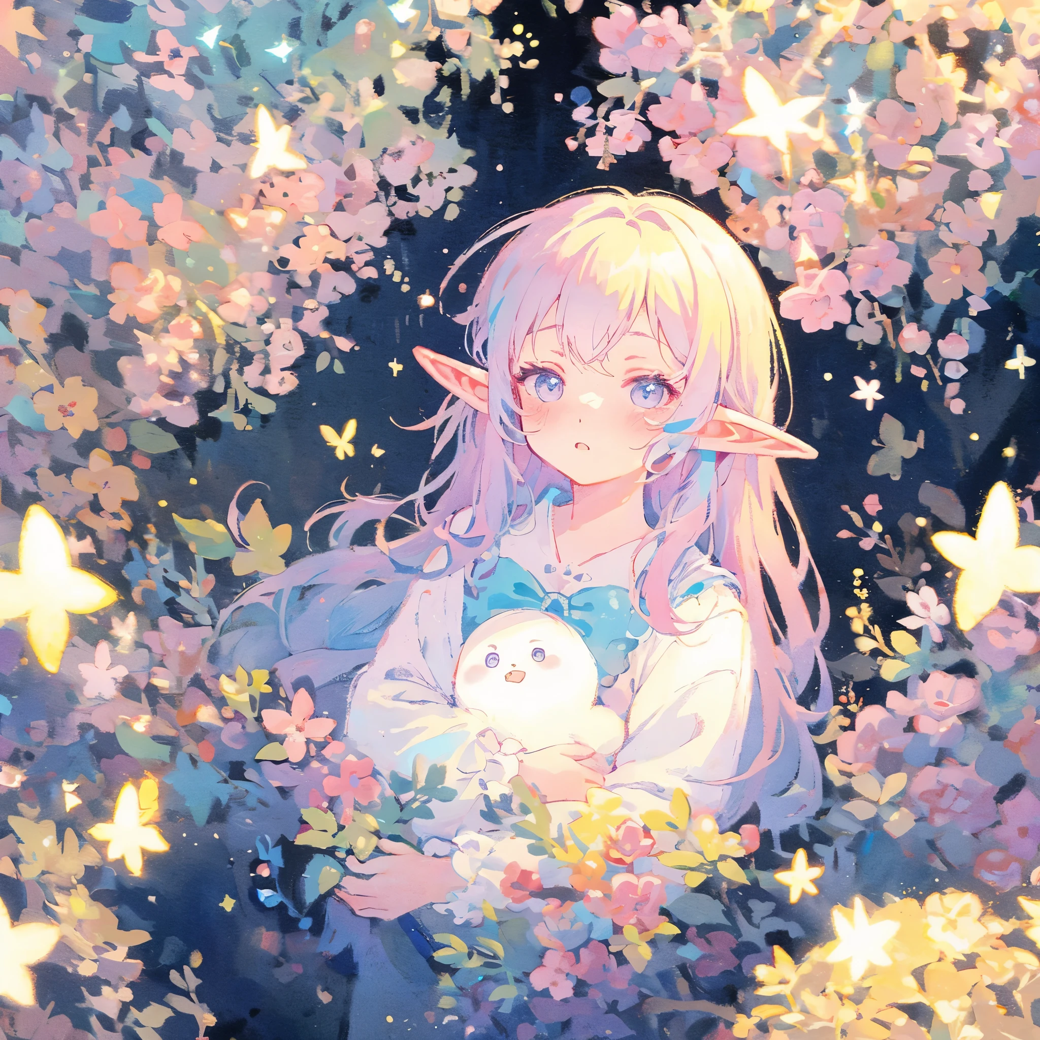 elf girl, bright colorful hair, magical, whimsical, fantasy, otherworldly, extremely detailed face, masterpiece, perfect illumination, (pastel colors)