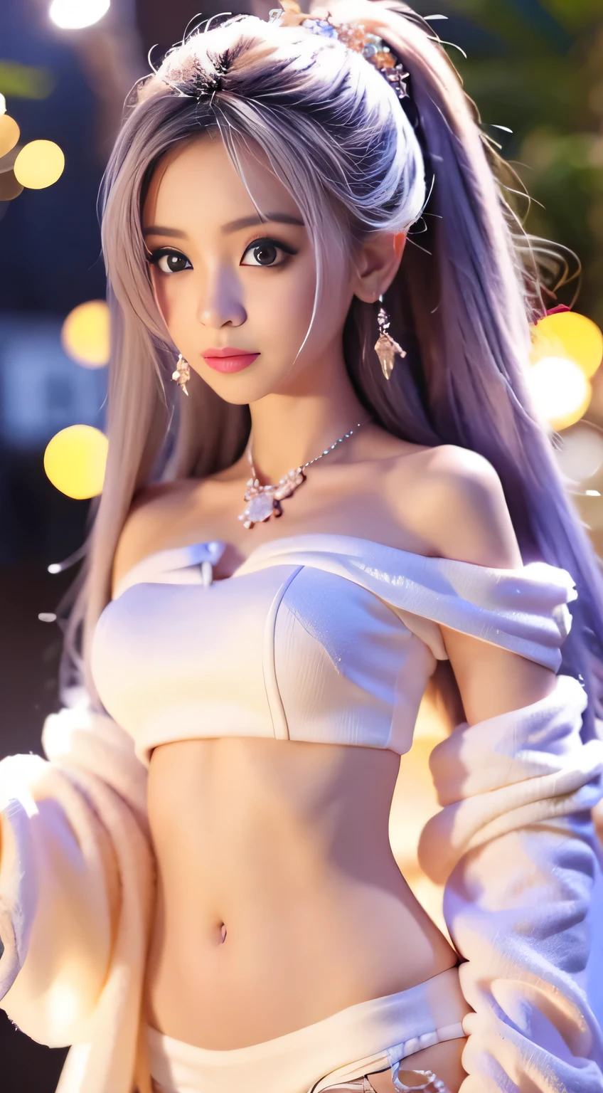 chica wearing dev v neck evening gown, off shoulder white fur bufanda, fur bufanda, bufanda, chica, gran anime como ojo, ojos grandes y brillantes, iluminar desde el fondo, Luz tenue, bokeh, plano general, 1 chica, sexy slim chica, hermoso rostro, (hermoso cuerpo sexy en forma:1.4), exquisite and beautiful ojos grandes y brillantes, Exquisite features, Detailed Features, asian chica, Detalles intrincados, piel perfecta, , pintalabios rojo, fondo oscuro, ombligo, luz de las velas, pelo largo, vestido con detalles de encaje, vestido con cordones, cabello purpura, ojos azules brillantes, gargantilla, collar, pendientes, pulsera, guantes blancos, realista, obra maestra，((cuerpo completo, chibi)),
