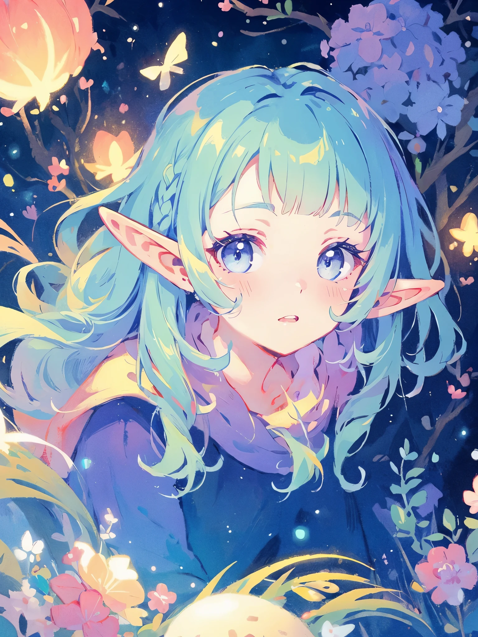 elf girl, bright colorful hair, magical, whimsical, fantasy, otherworldly, extremely detailed face, masterpiece, perfect illumination, (pastel colors)
