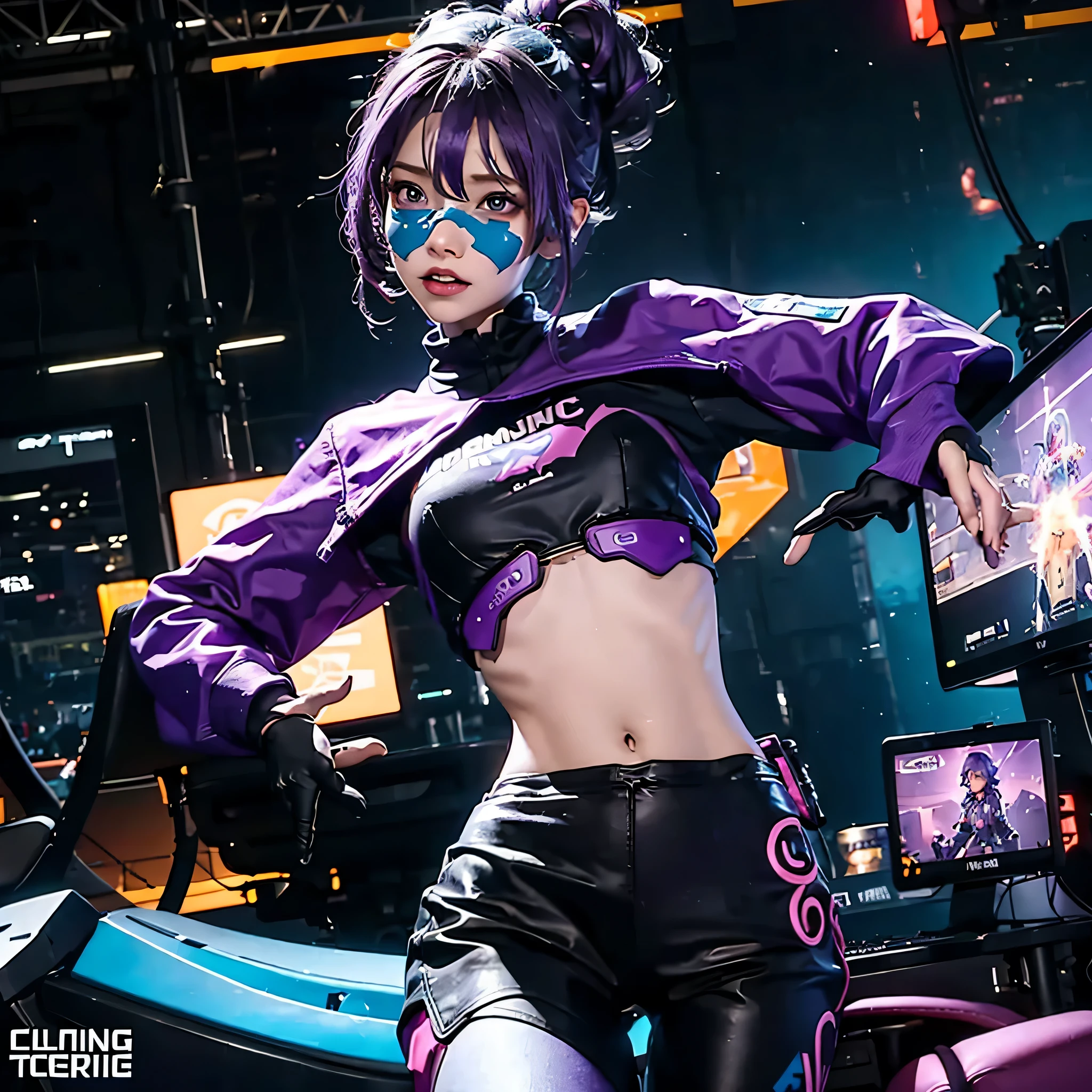 A girl with purple hair, wearing a colorful outfit and cosplay costume, stands in a dynamic pose. She has a playful expression on her face as she enjoys playing video games. The girl is a gamer, immersed in her virtual world, holding a console controller in one hand and a keyboard in the other. She wears headphones, symbolizing her dedication to gaming. The scene is set in a brightly lit studio with soft lighting, enhancing the vivid colors of the girl’s outfit. The composition is creative and cartoonish, with a background scenery featuring artistic interpretation of video game elements. Glowing digital effects surround the girl, adding to the energetic and action-packed atmosphere. Electric blue accents are scattered throughout the image, giving it a mysterious and futuristic feel. Overall, the prompt aims to capture the fun, enthusiasm, and creativity associated with gaming, while showcasing the girl's passion and love for video games in an anime-style artwork.
Gamer girl purple hair sexy outfit