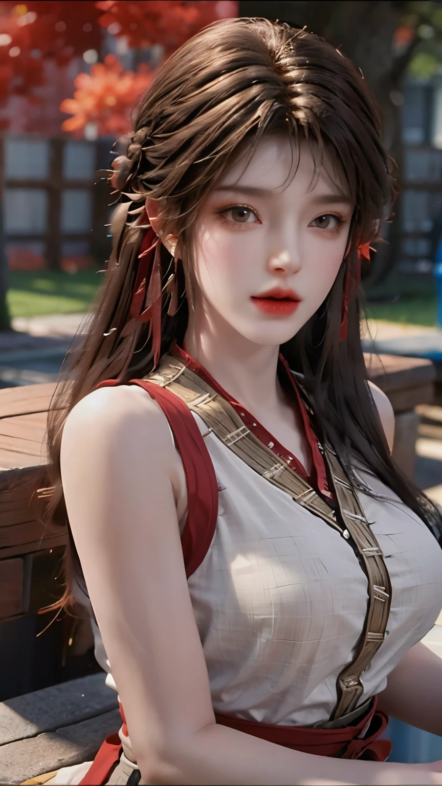 （超HD、retina、masterpiece、precise、anatomically correct、textured skin、Super details、high detail、high quality、best quality、high resolution、1080P、HD、4K、8k、16k）、（beautiful_detailed_eyes、beautiful_detailed_lips、extreme_detailed_eyes_and_face）、soft_lighting、physical-based_rendering、vivid_colors、 (large_breasts:1.5)、(shiny_hair、shiny_skin、tanned_skin、blush)、(bangs:1.5)、eye_reflection、(bokeh)、smile_and_laugh、(sleeveless_business_shirt:1.5)、start from below，black hair，brown eyes，Red head rope，Above the hips