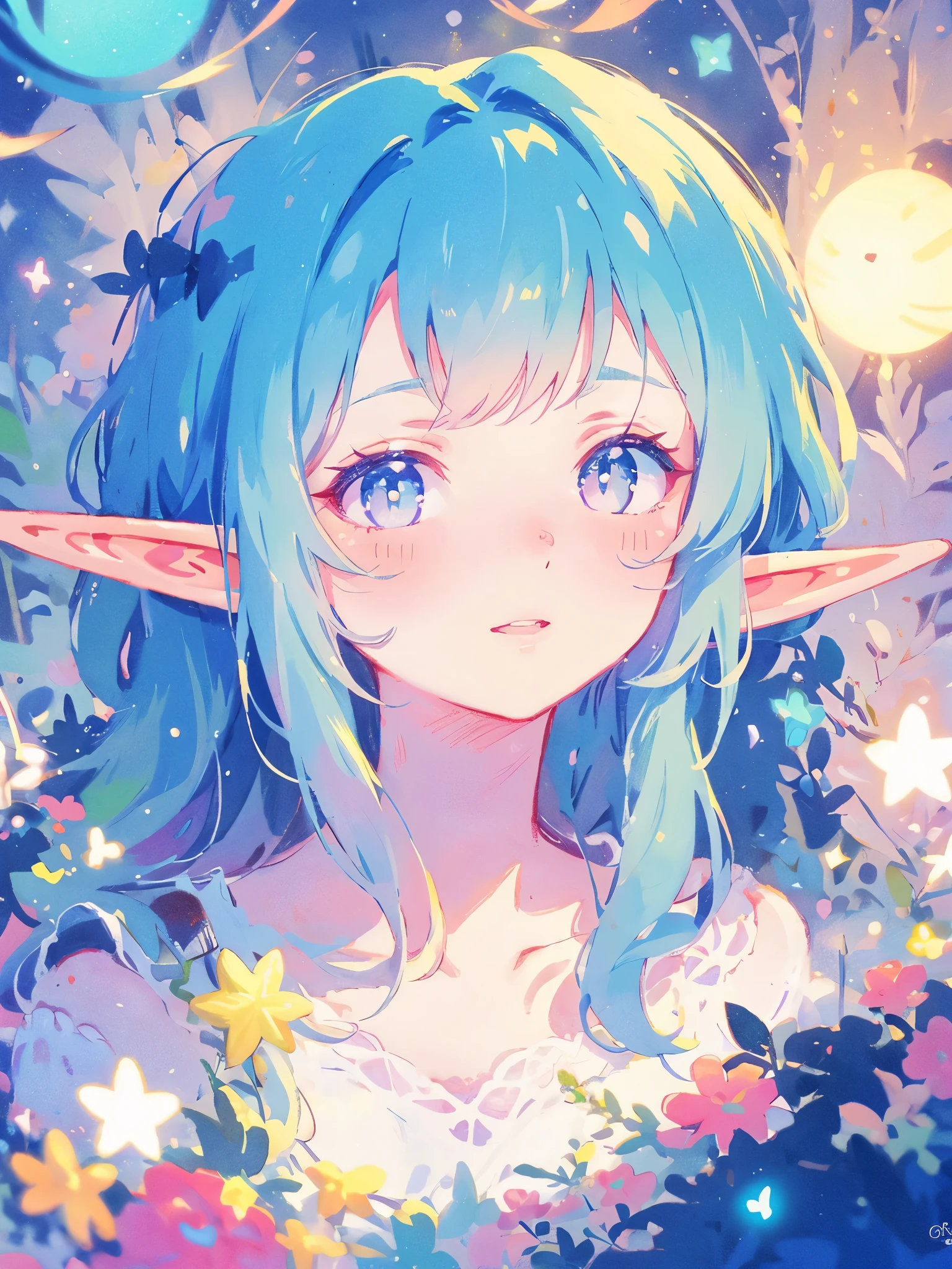 elf girl, bright colorful hair, magical, whimsical, fantasy, otherworldly, extremely detailed face, masterpiece, perfect illumination, (pastel colors)