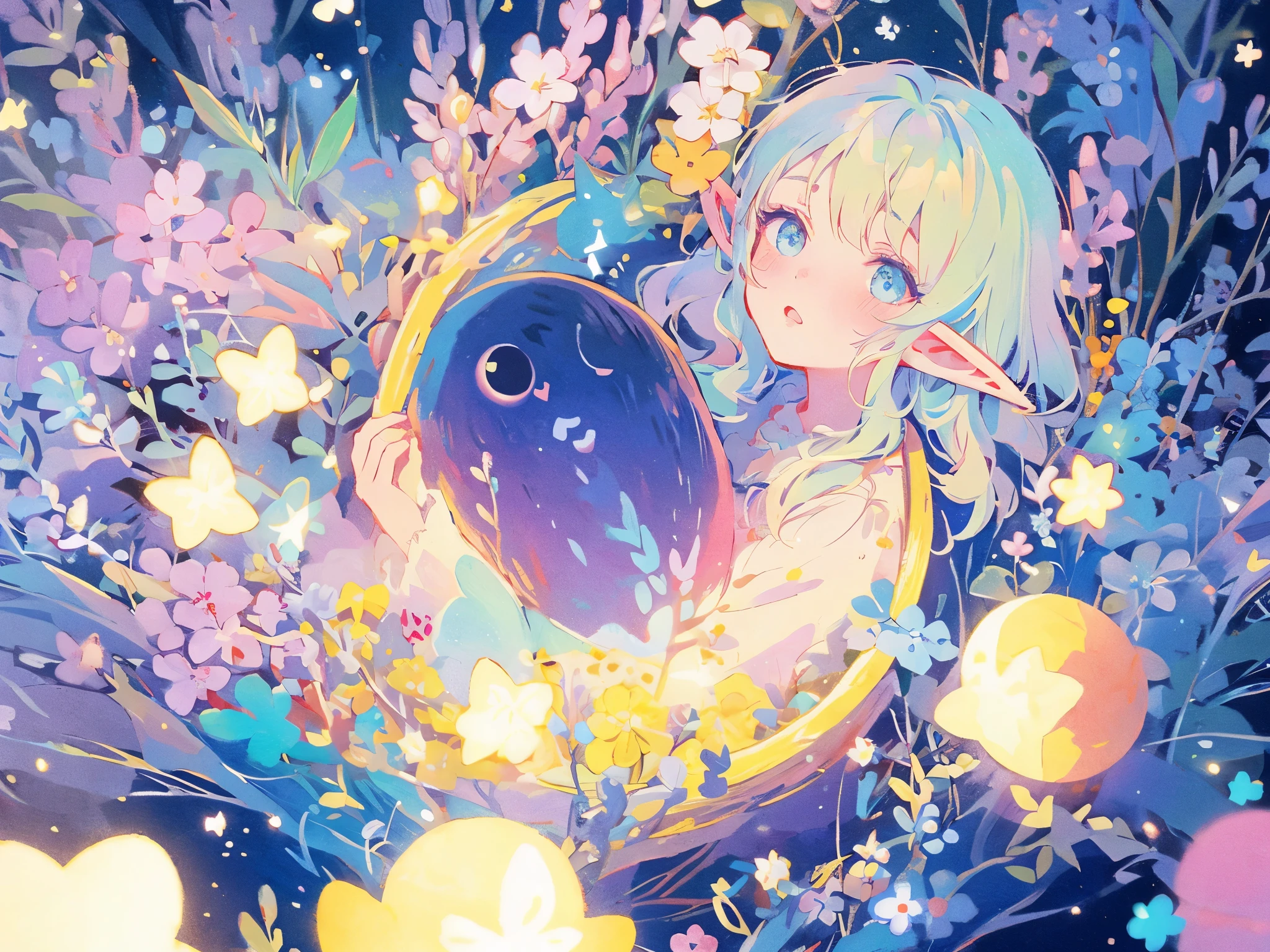 elf girl, bright colorful hair, magical, whimsical, fantasy, otherworldly, extremely detailed face, masterpiece, perfect illumination, (pastel colors)