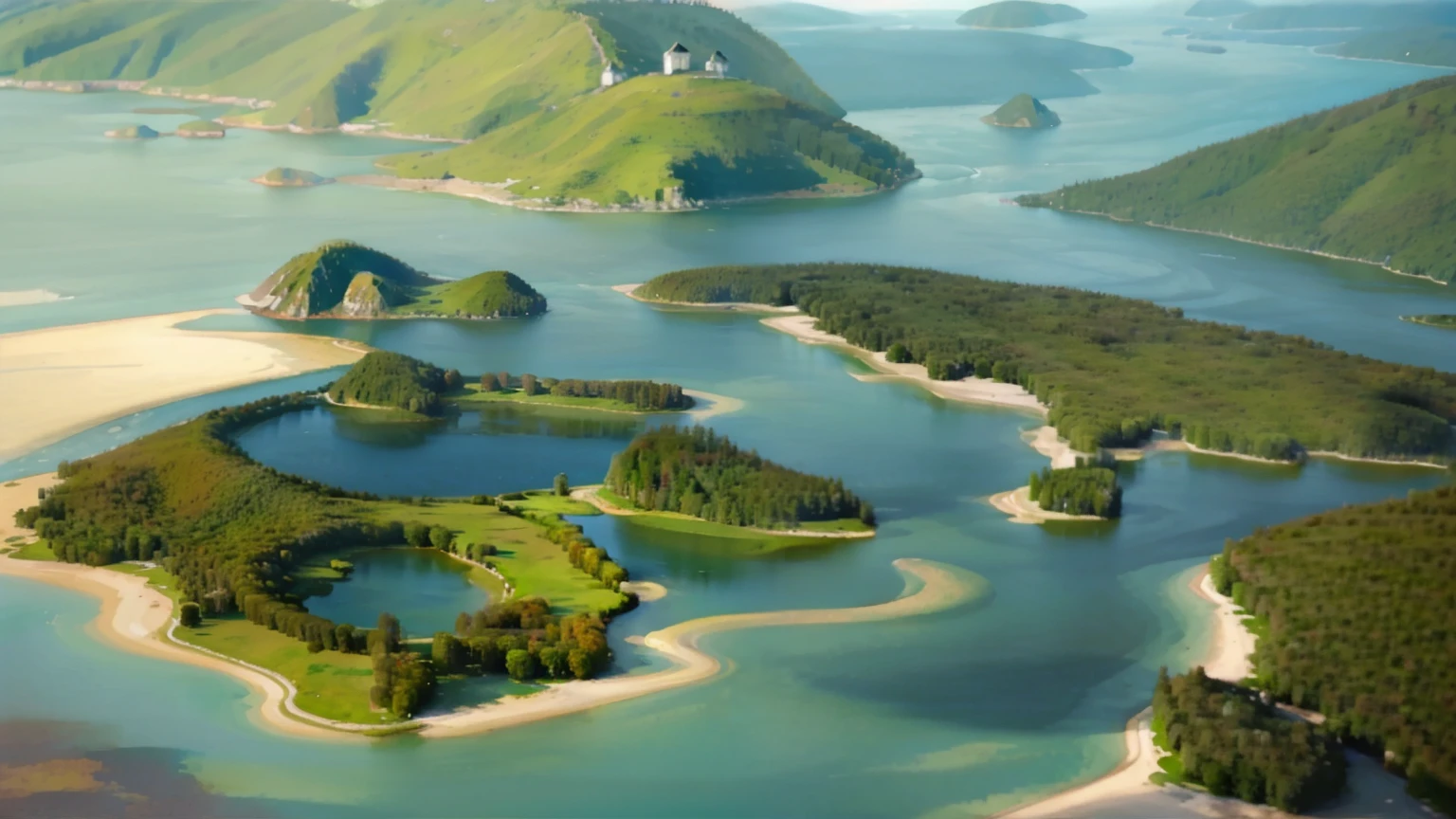 Lake view with several islands in the middle, in the middle of the lake, beautiful lake, many islands, Really beautiful nature, very beautiful!! aerial shot, within a lake, waterfalls and lakes, scattered islands, water view, rivers and lakes, Very close to real nature, it has a lake in the distance, 宽阔的rivers and lakes