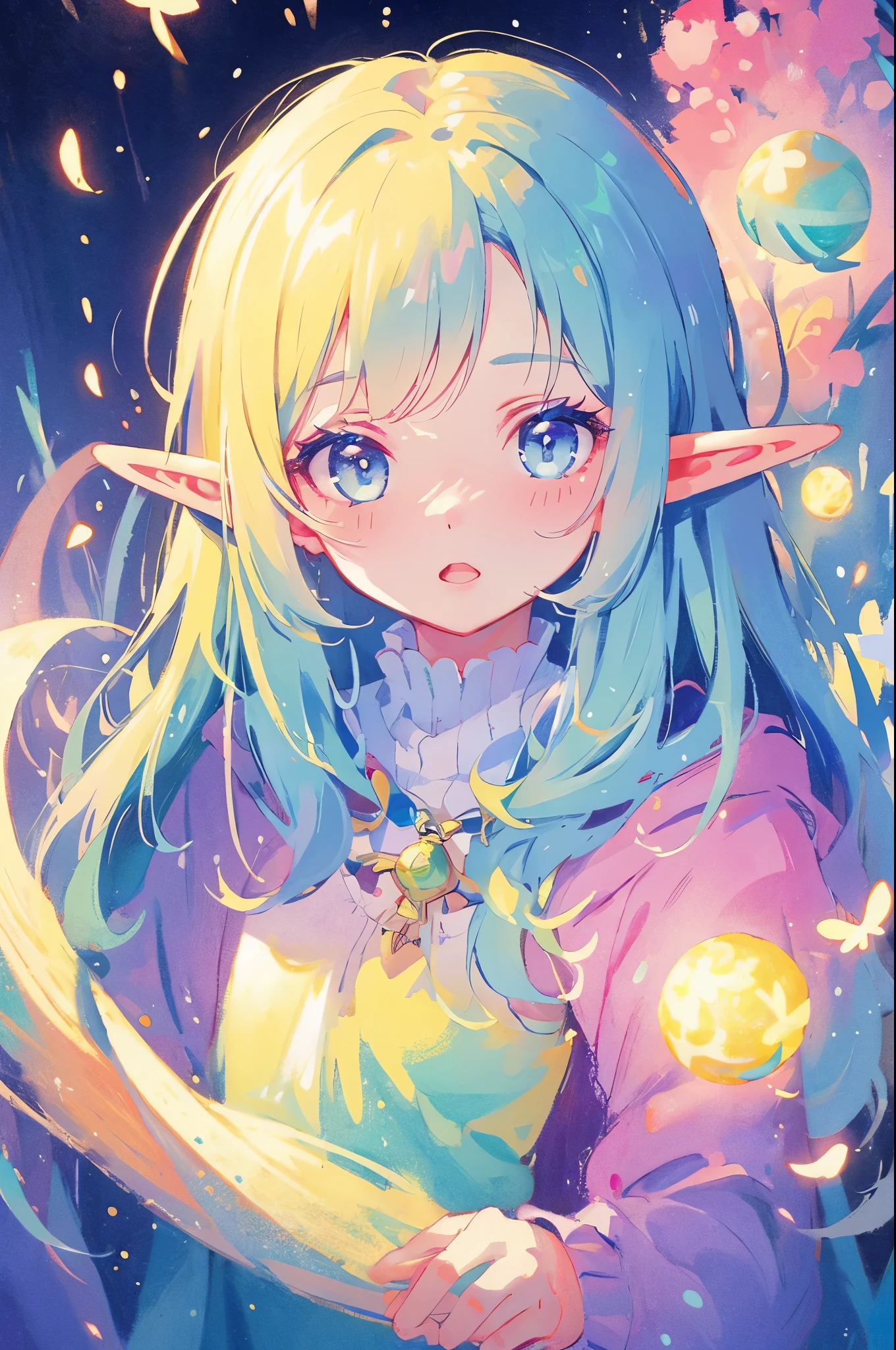 elf girl, bright colorful hair, magical, whimsical, fantasy, otherworldly, extremely detailed face, masterpiece, perfect illumination, (pastel colors)
