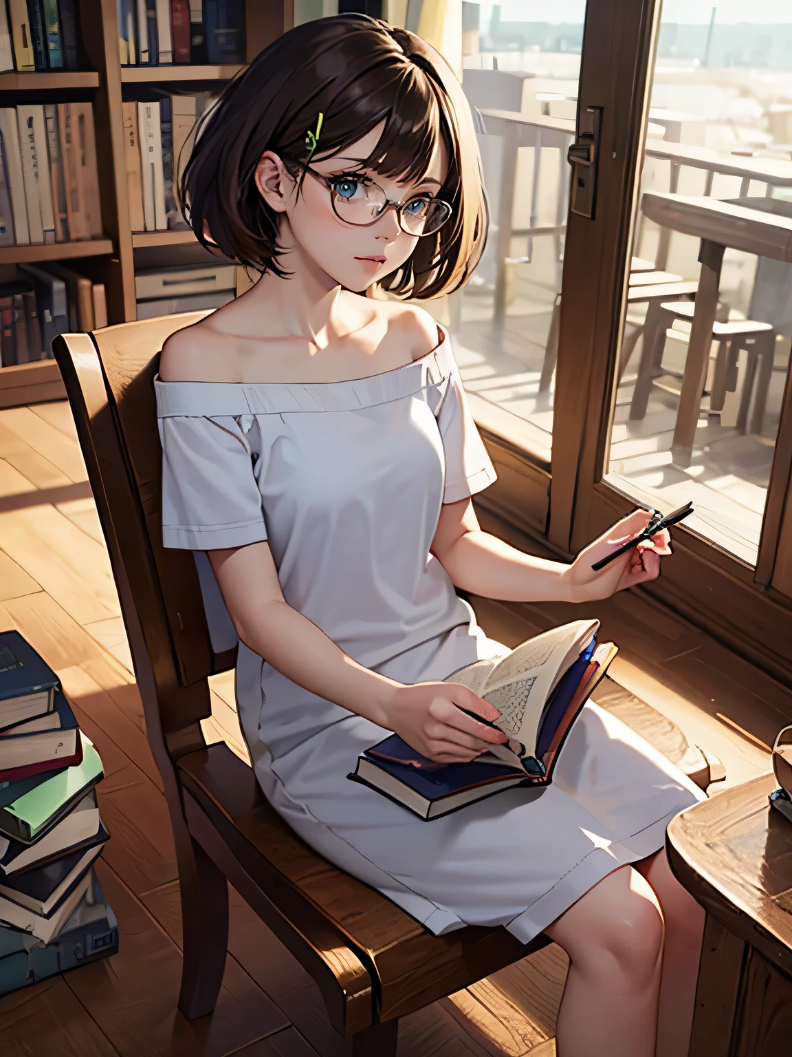 (original), (masterpiece) , (best quality) , (reality:1.3) , photorealistic, Octane rendering, (surreal:1.2) , perfect features,1 girl, colorful,translucent hair, (glowing inner hair),the perfect appearance,brown hair,green eyes,expressionless,sit,book on hand,glasses,short hair,(In the library),looking at viewer,White T-shirt,hairpin,Focus on people,barefoot,bare Shoulder