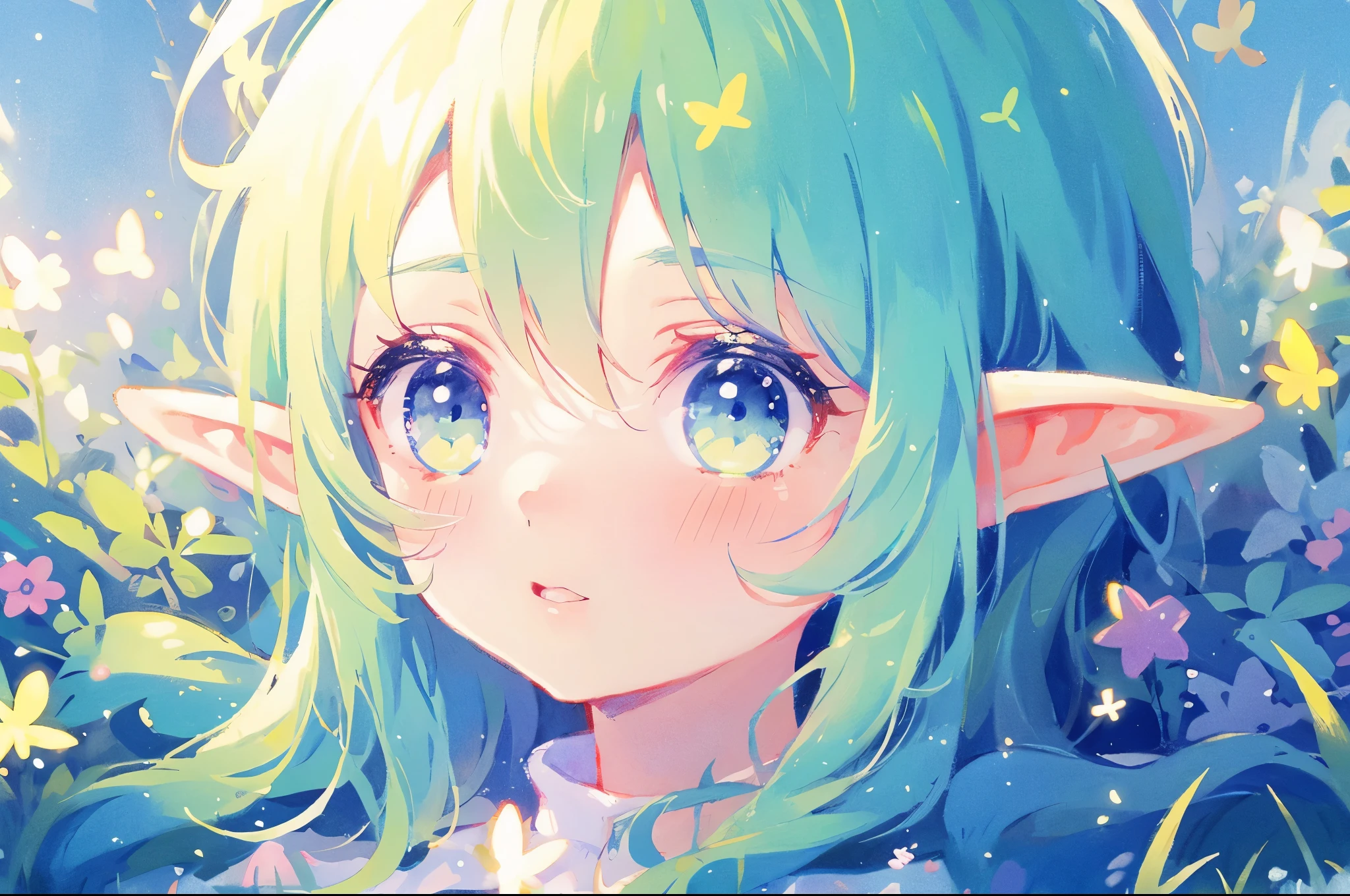 elf girl, bright colorful hair, magical, whimsical, fantasy, otherworldly, extremely detailed face, masterpiece, perfect illumination, (pastel colors)