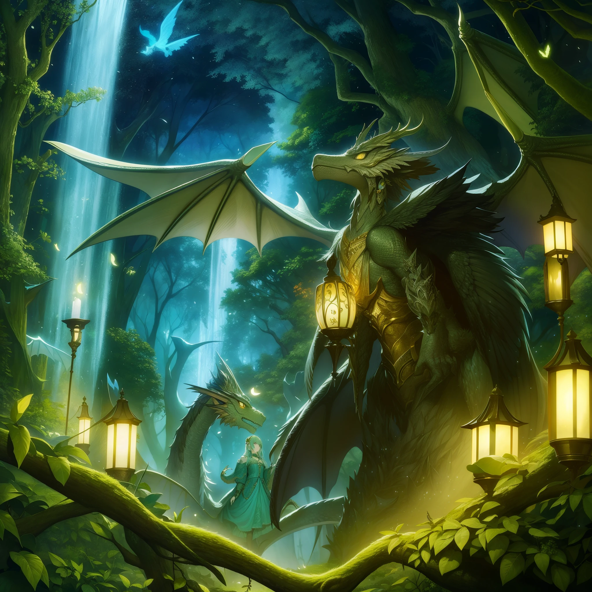 chiaroscuro、Eyes shining in detail、A giant winged creature in an enchanted forest glade [dragon:tiger:28]、night、dappled light、Poster Art、Super detailed