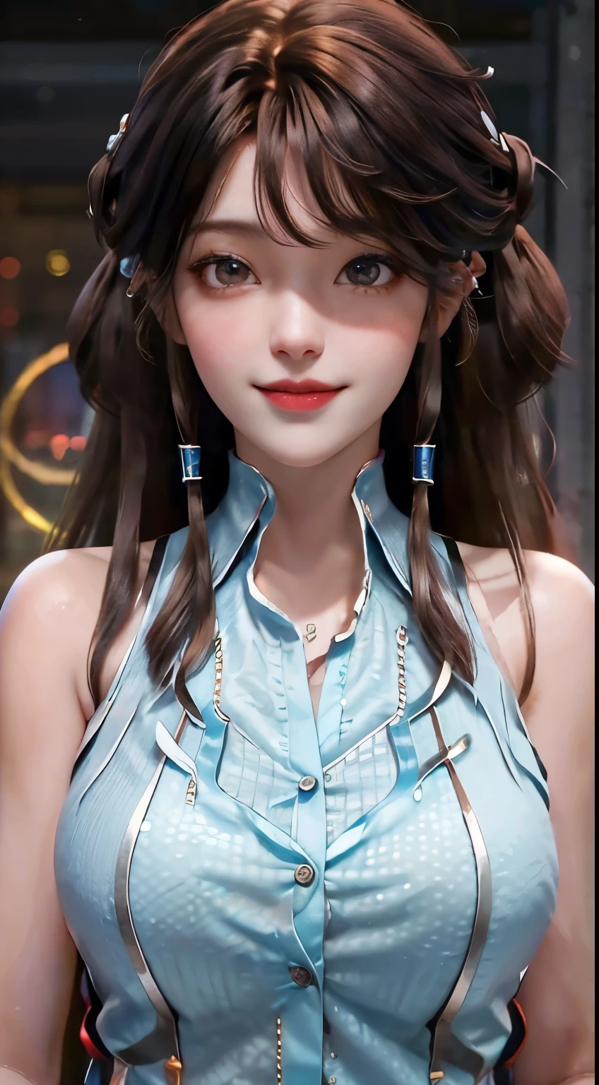 （超HD、retina、masterpiece、precise、anatomically correct、textured skin、Super details、high detail、high quality、best quality、high resolution、1080P、HD、4K、8k、16k）、（beautiful_detailed_eyes、beautiful_detailed_lips、extreme_detailed_eyes_and_face）、soft_lighting、physical-based_rendering、vivid_colors、 (large_breasts:1.5)、(shiny_hair、shiny_skin、tanned_skin、blush)、(bangs:1.5)、eye_reflection、(bokeh)、smile_and_laugh、(sleeveless_business_shirt:1.5)、start from below，black hair，black hair，brown eyes，Nice hairstyle