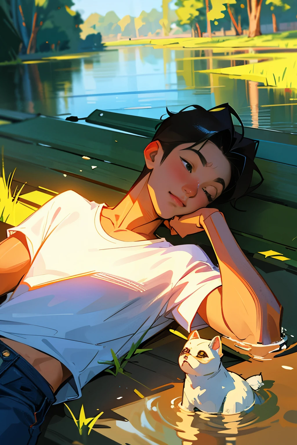 Anime boy reclining on riverbank，Lying face up，Wearing white t-shirt and jean pants，Headphones covering ears，Companionately accompanied by a pug puppy，Loyal and adorable pet，Lying calmly beside him，Scene filled with tranquility and serenity，Sunlight gleams off the calm water，Barefoot boy shows off toned physique，Bond between boy and dog deepens，Warmth emanating from the heartwarming scene，Nature's soothing sounds play in the background，Breathing in the serene atmosphere，Perfect moment of relaxation and happiness.