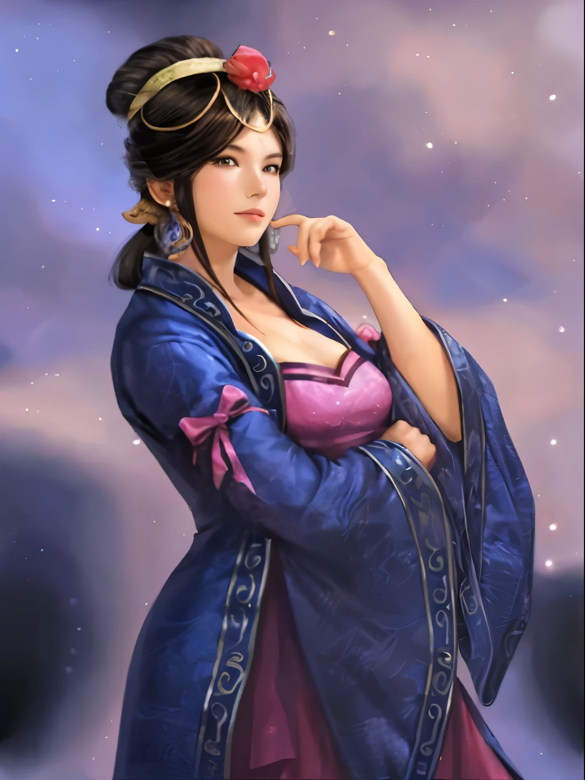 A woman in a blue dress and pink top is posing, Inspired by Li Tang, beautiful fantasy queen, beautiful figure painting, Inspired by Zhu Lian, inspired by trees, Inspired by Wu Li, yun ling, Inspired by Lan Ying, inspired by Wu Zuoren, full body xianxia, Chun Li&#39;s portrait, Chun Li&#39;s portrait